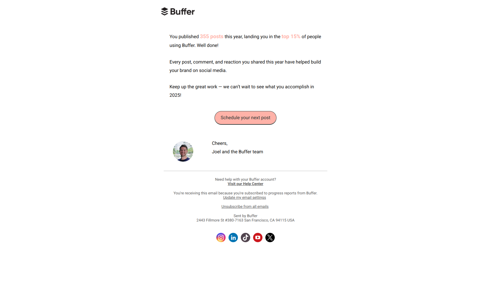 You're in the top 15% of Buffer users! — email screenshot from Buffer