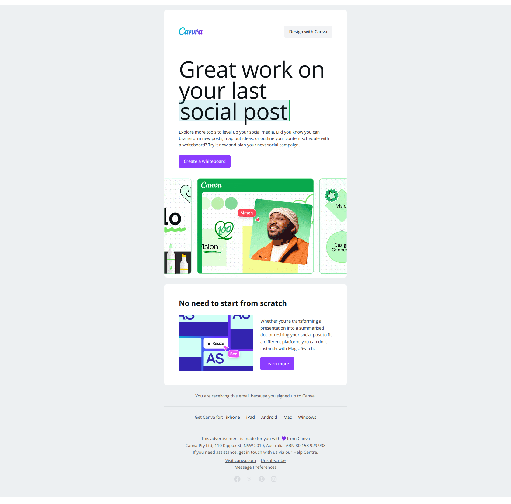 Just published an instagram post? — email screenshot from Canva
