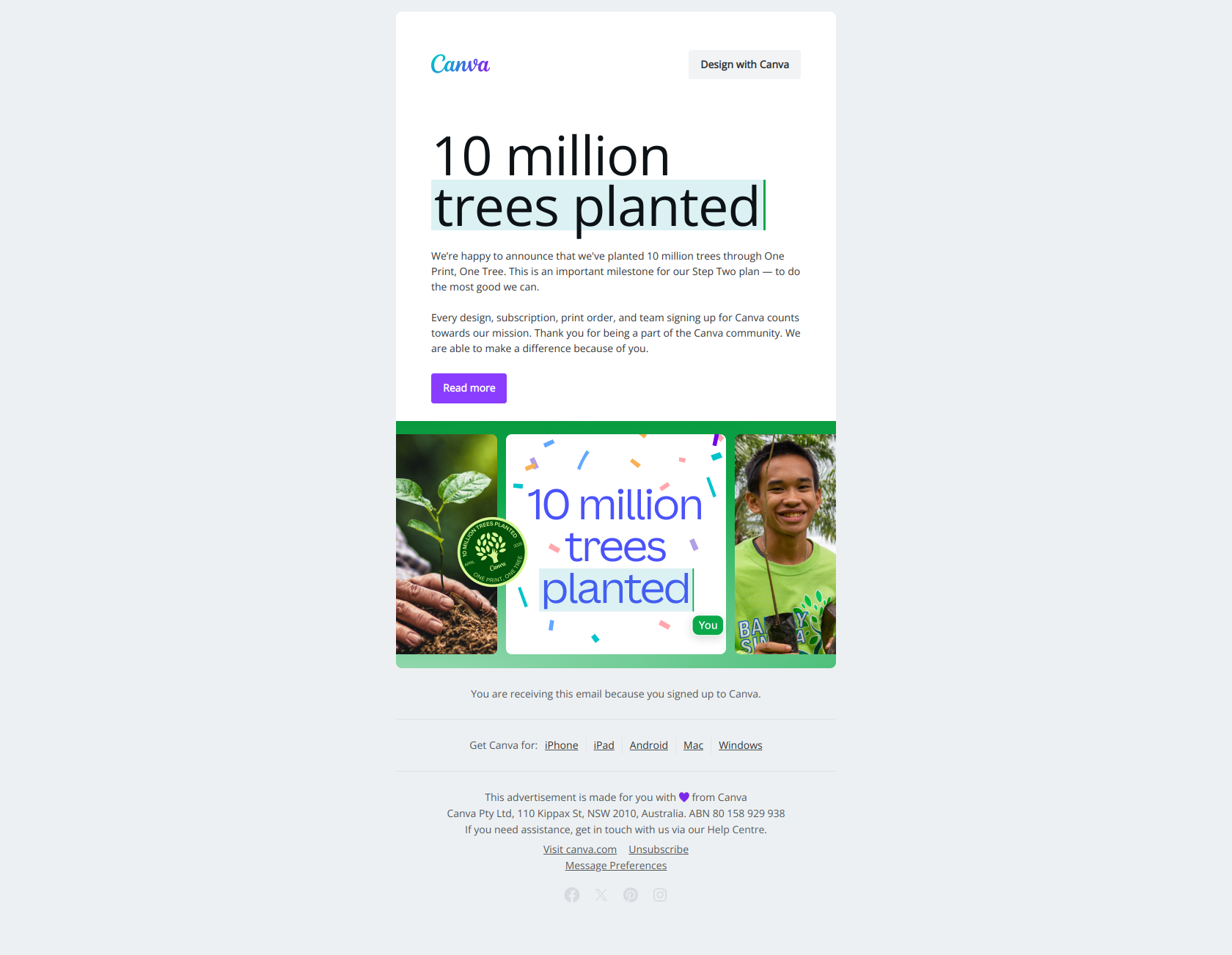 We’ve planted 10 million trees! 🥳 — email screenshot from Canva