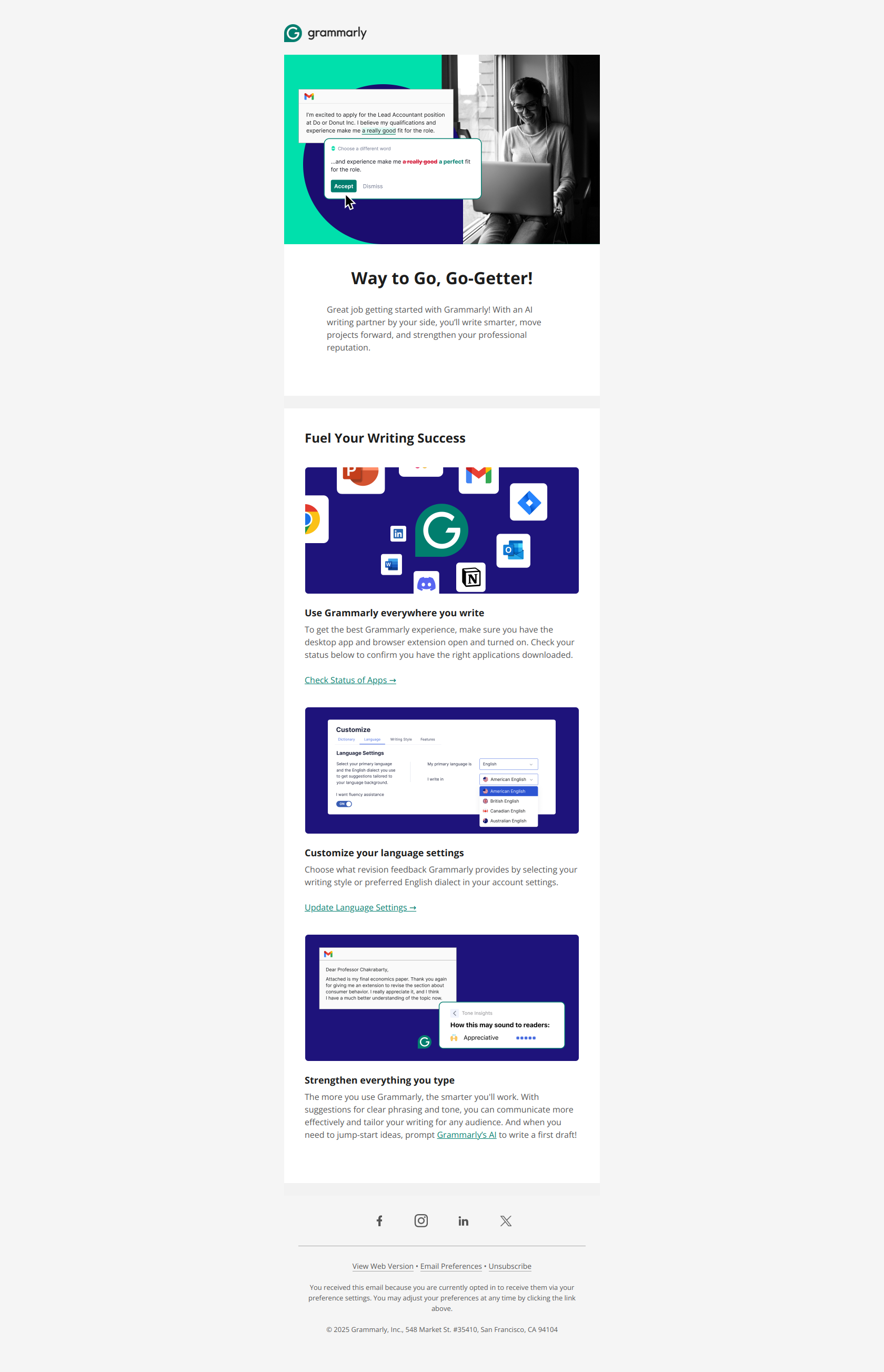 Congrats on taking the first step toward effective communication — email screenshot from Grammarly