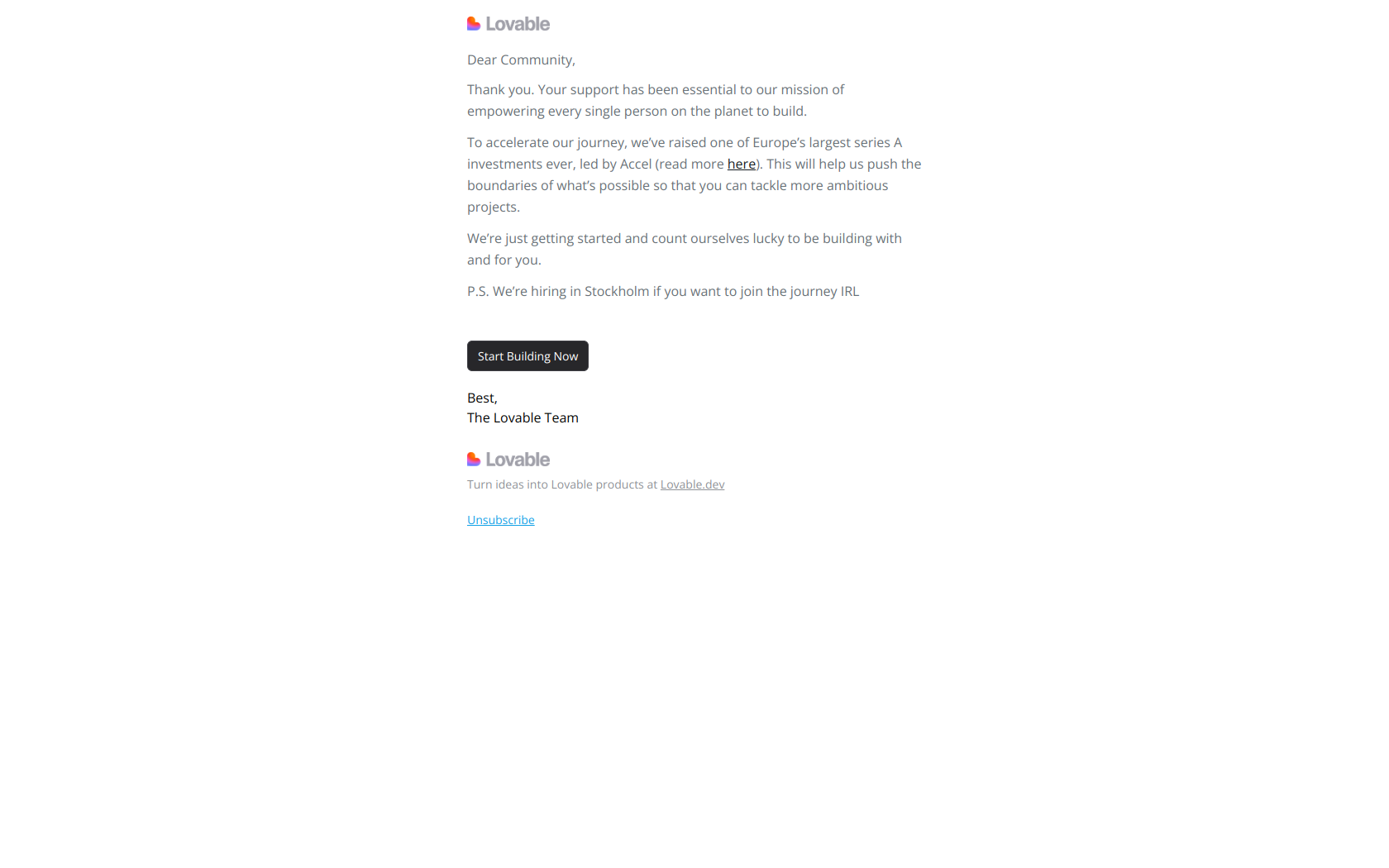A huge thank you + exciting news — email screenshot from Lovable