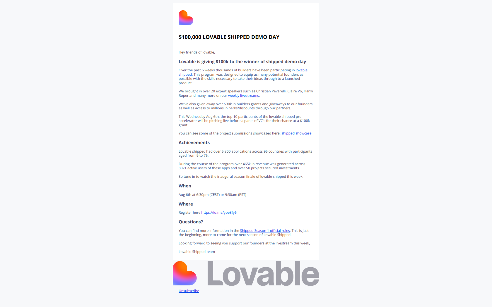 $100k Lovable Shipped Demo Day — email screenshot from Lovable