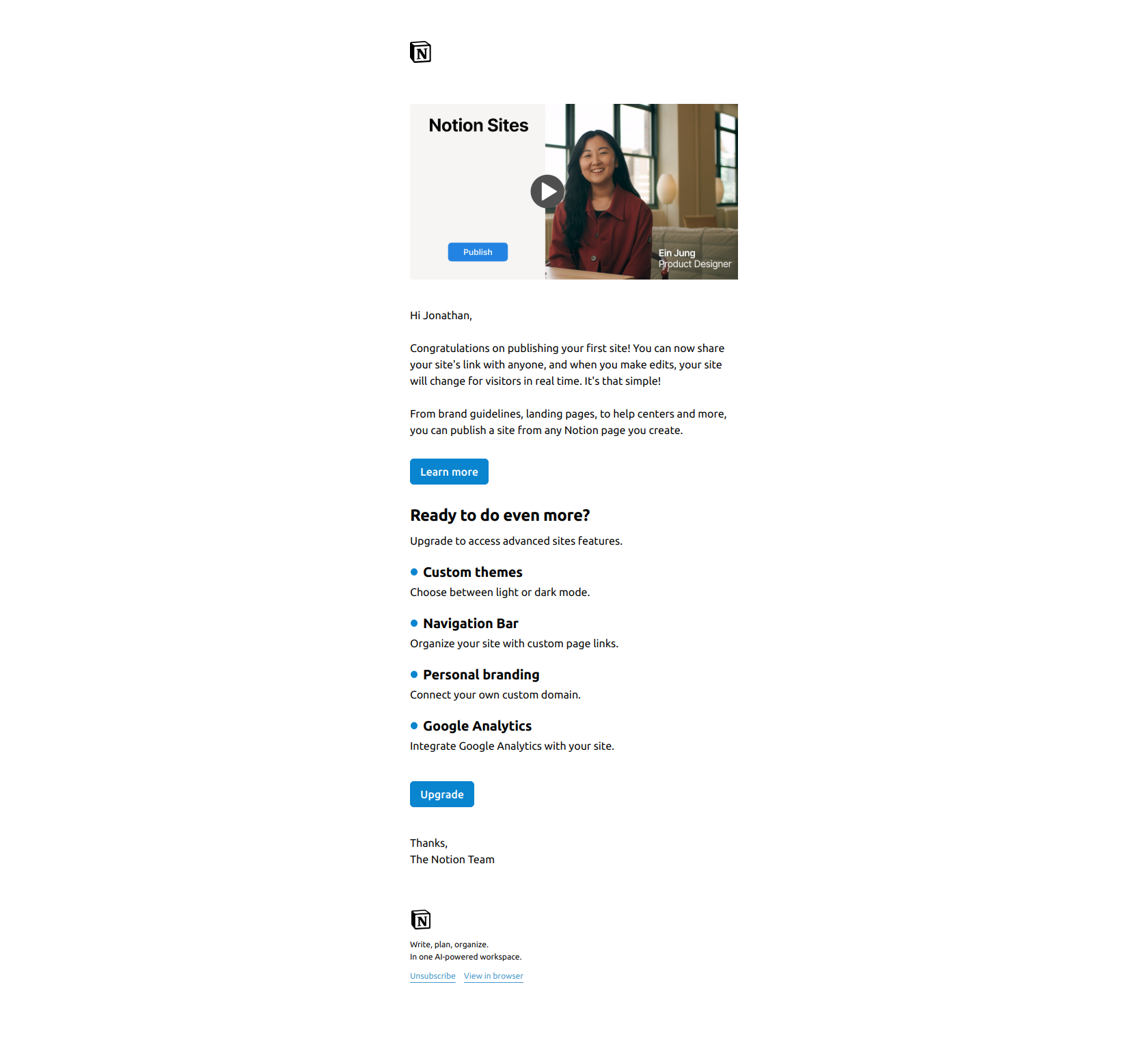 Customer retention email example from Notion