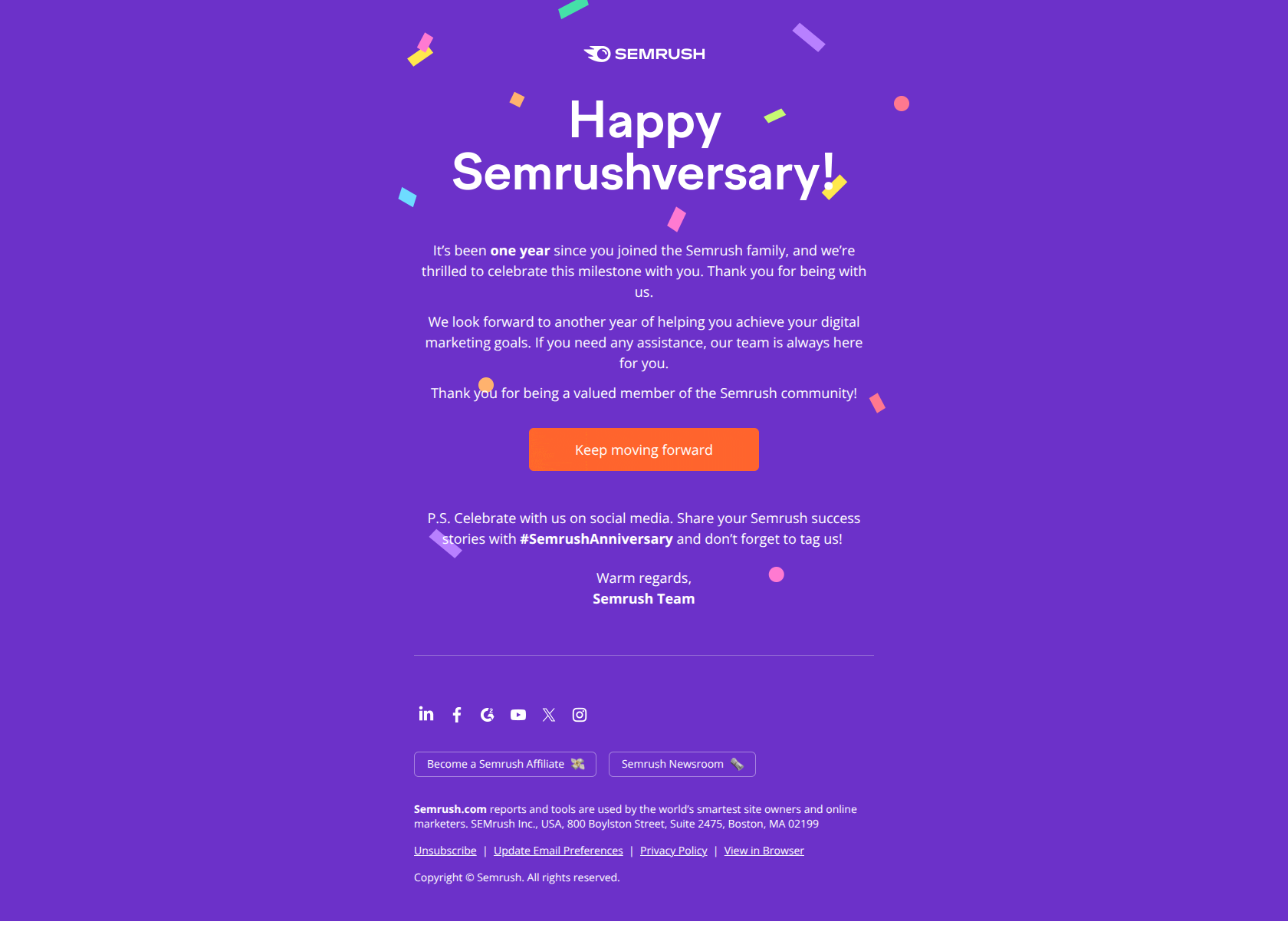 It’s your Semrushversary! 🥳 — email screenshot from SemRush