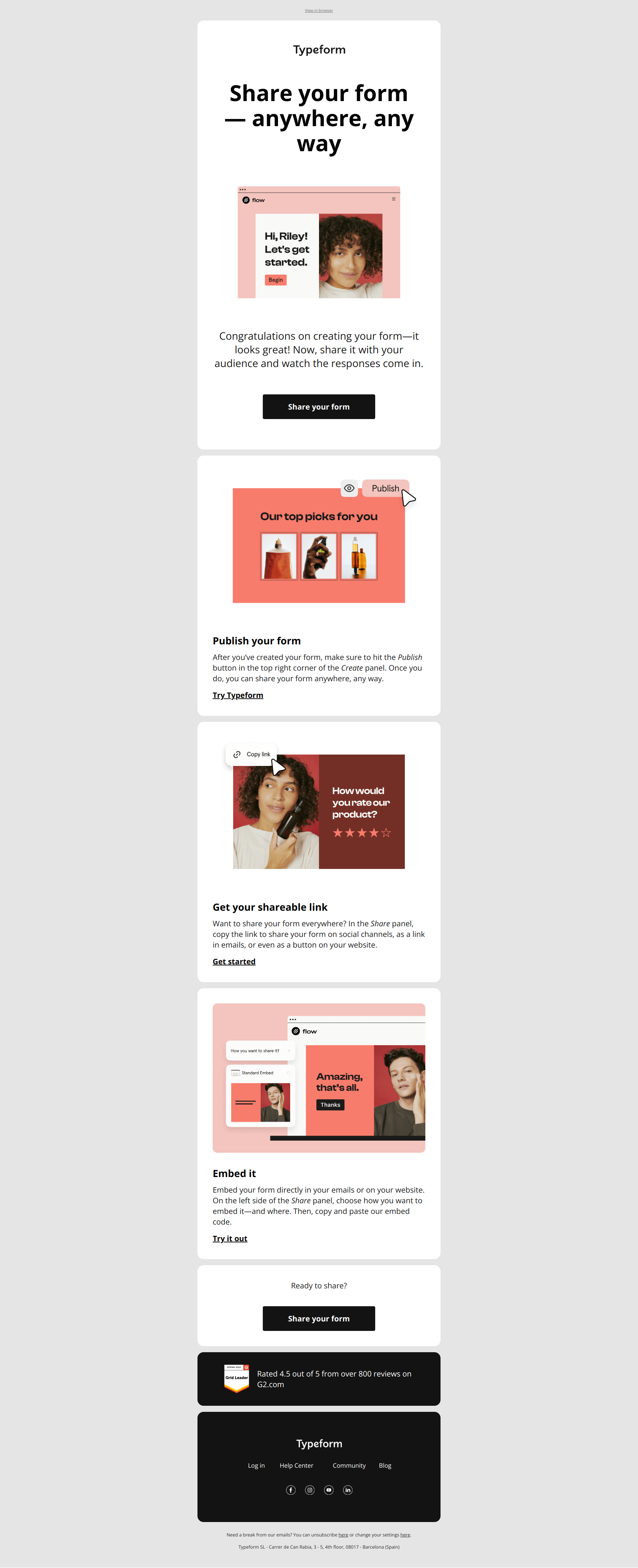 Your form looks great! Ready to share? — email screenshot from Typeform