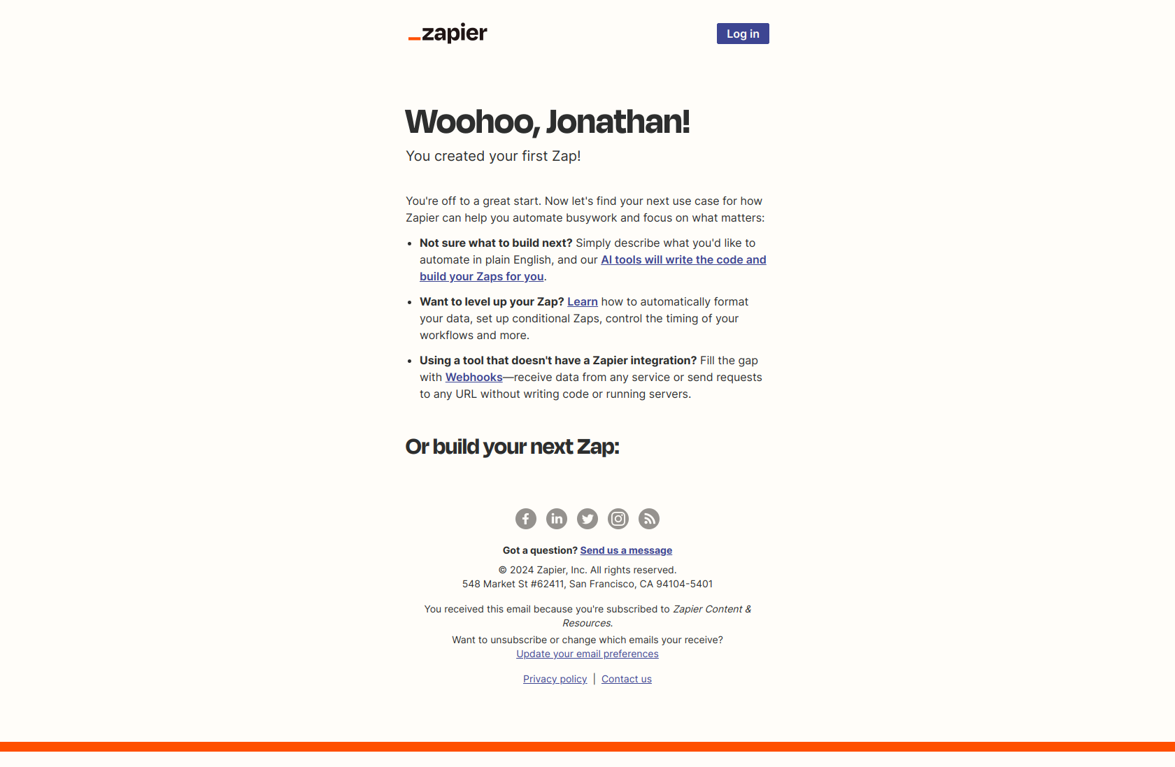 Congrats, you've created your first Zap! — email screenshot from Zapier