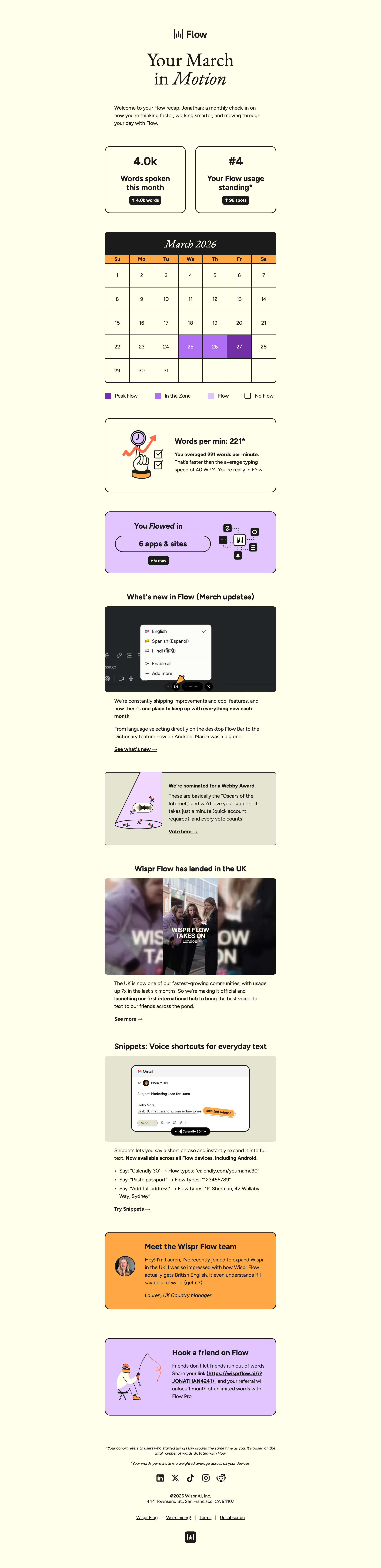 Your Flow State in March 💜 — email screenshot from Wispr Flow