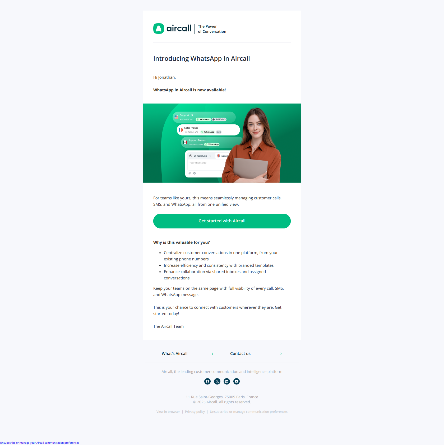 Introducing WhatsApp in Aircall — email screenshot from Aircall