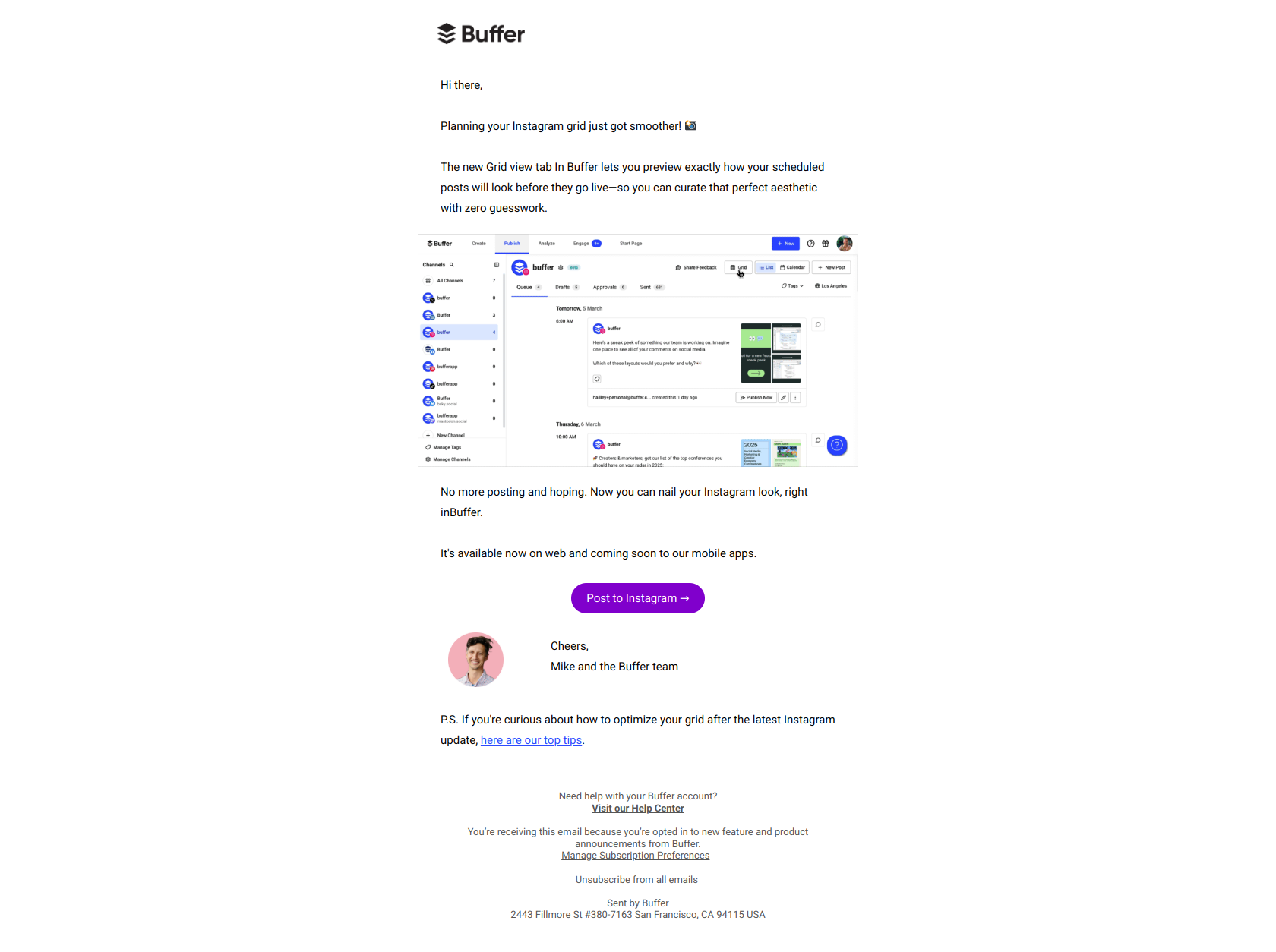 New in Buffer: Instagram Grid Preview — email screenshot from Buffer