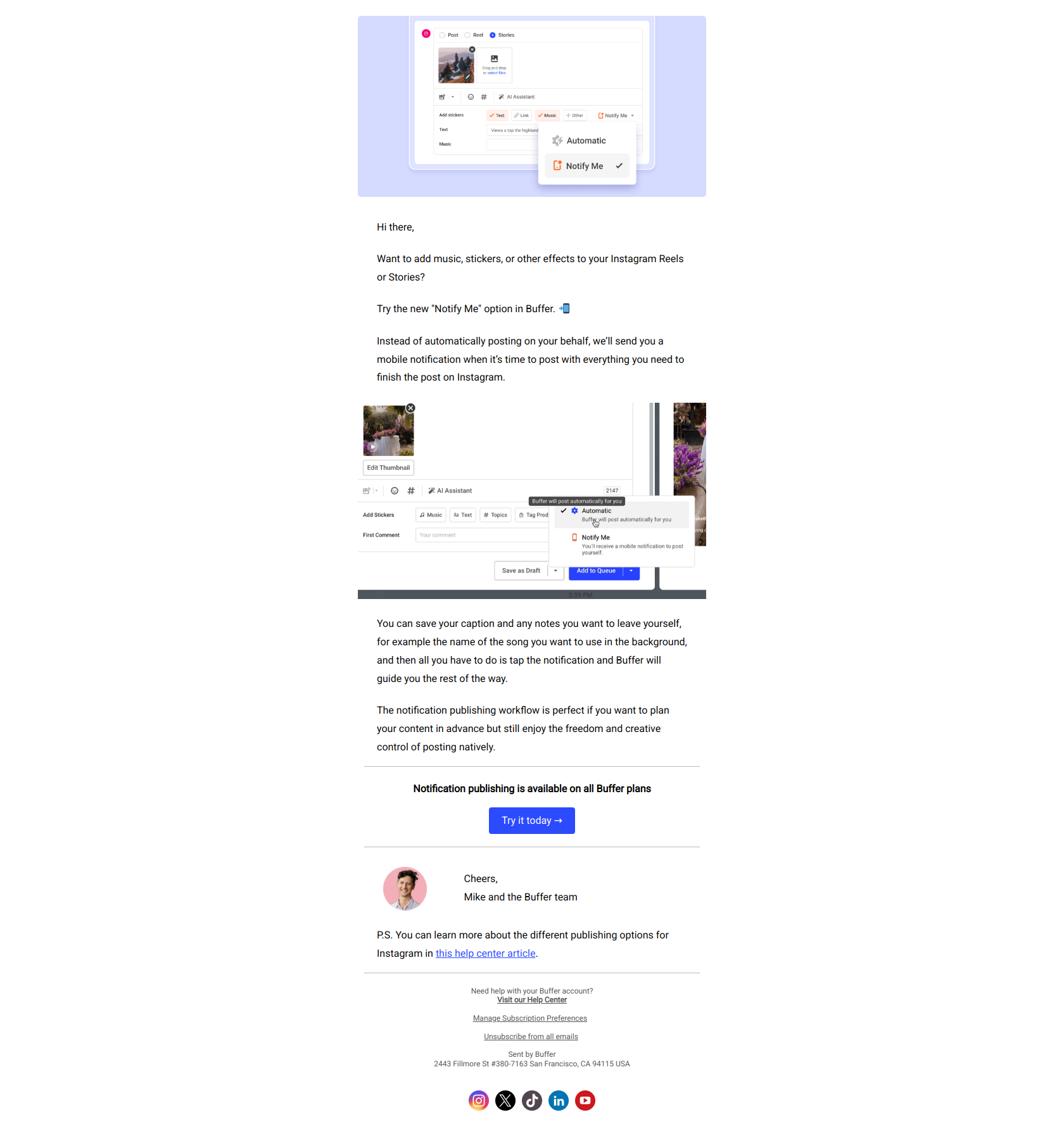 Introducing more publishing options for Instagram — email screenshot from Buffer