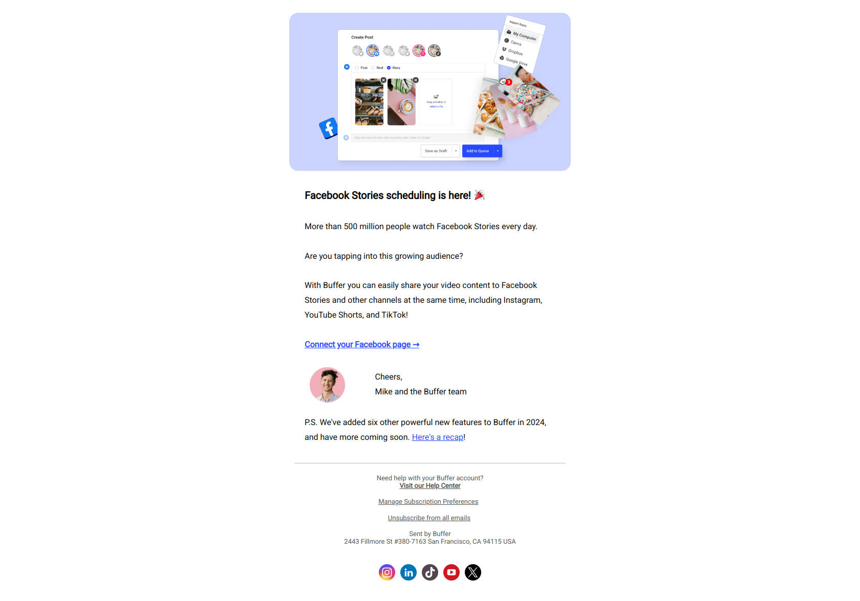 Facebook Stories scheduling is here — email screenshot from Buffer