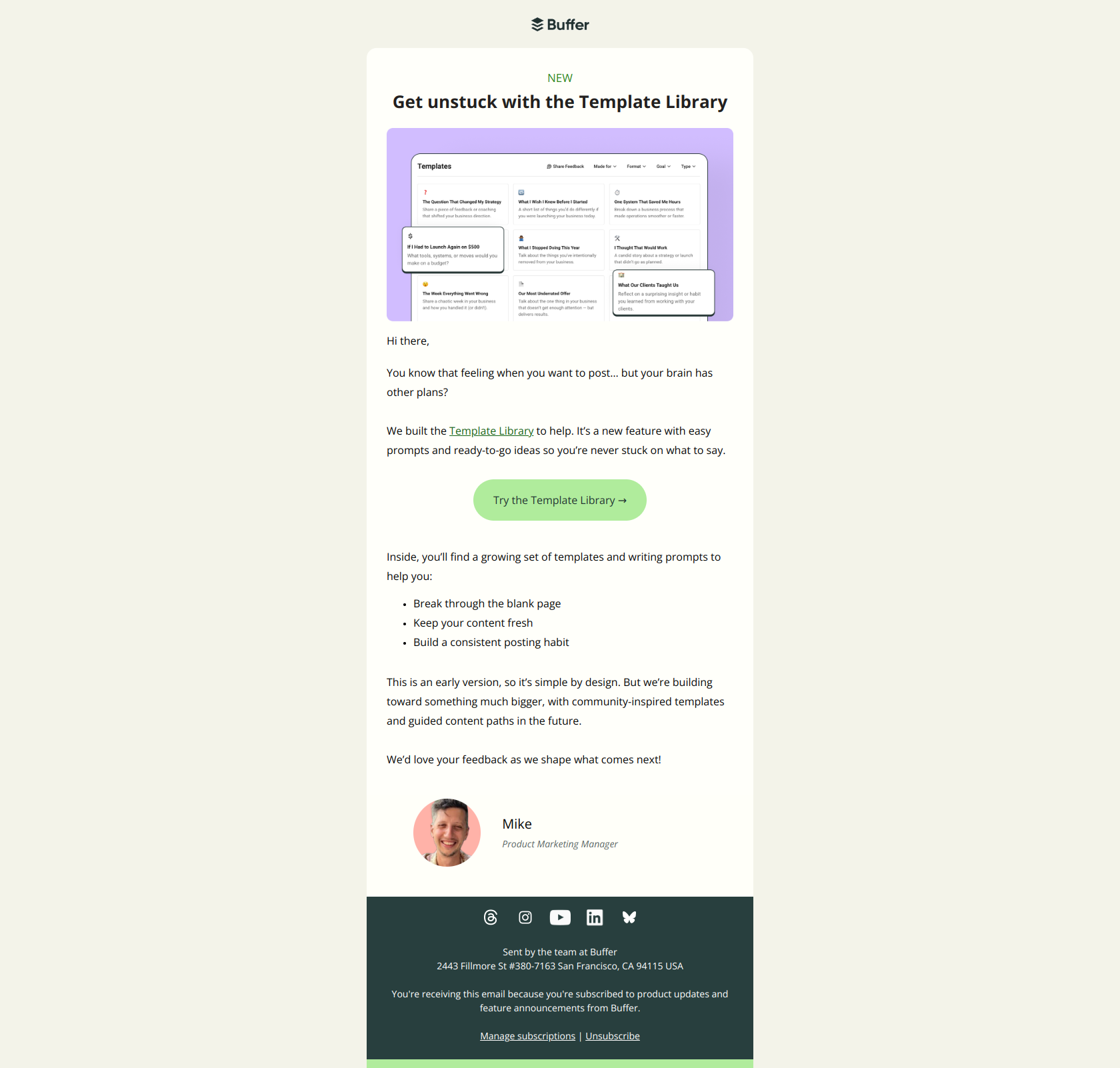 Feeling stuck on what to post? This might help — email screenshot from Buffer