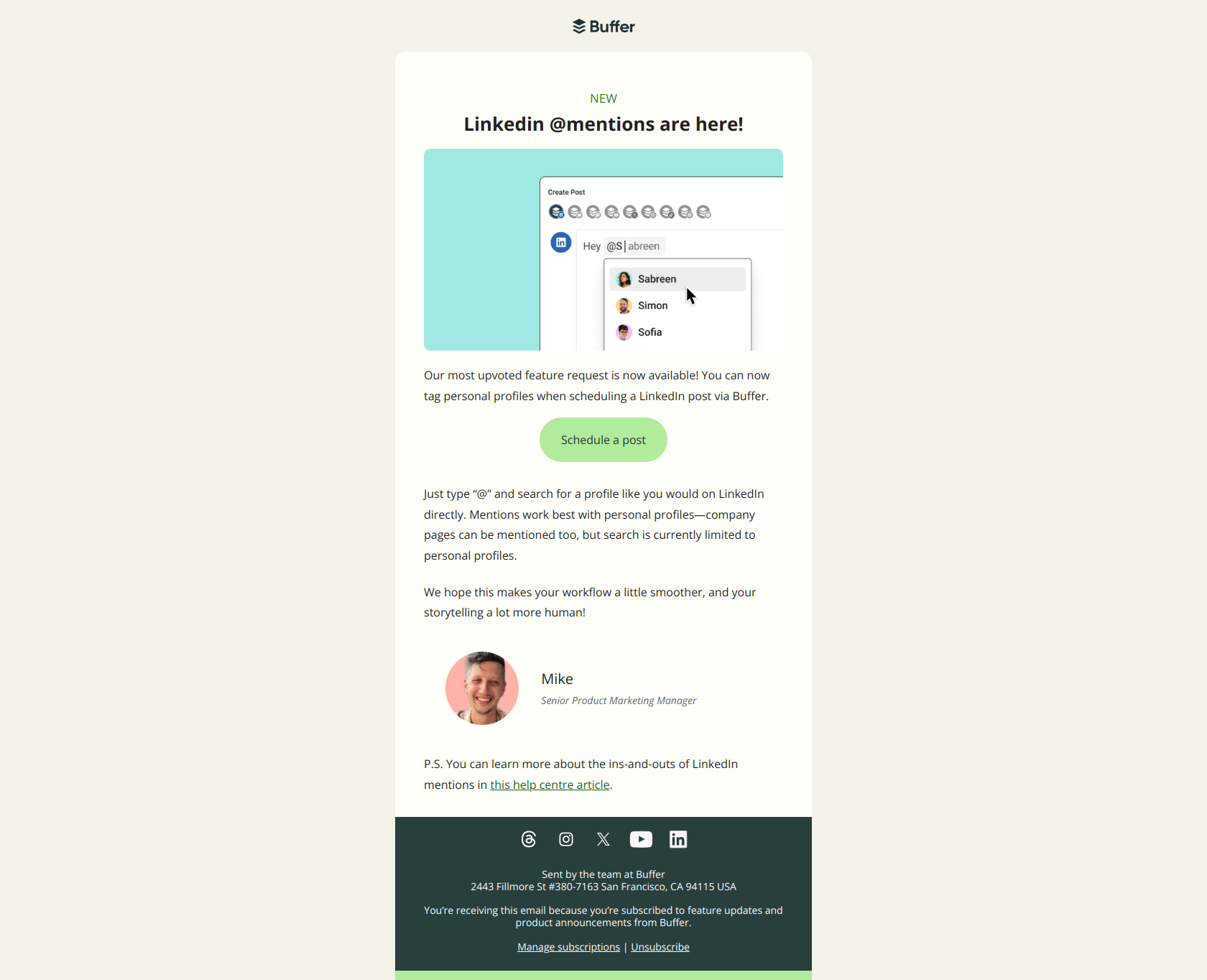 🎉 LinkedIn mentions are here! — email screenshot from Buffer