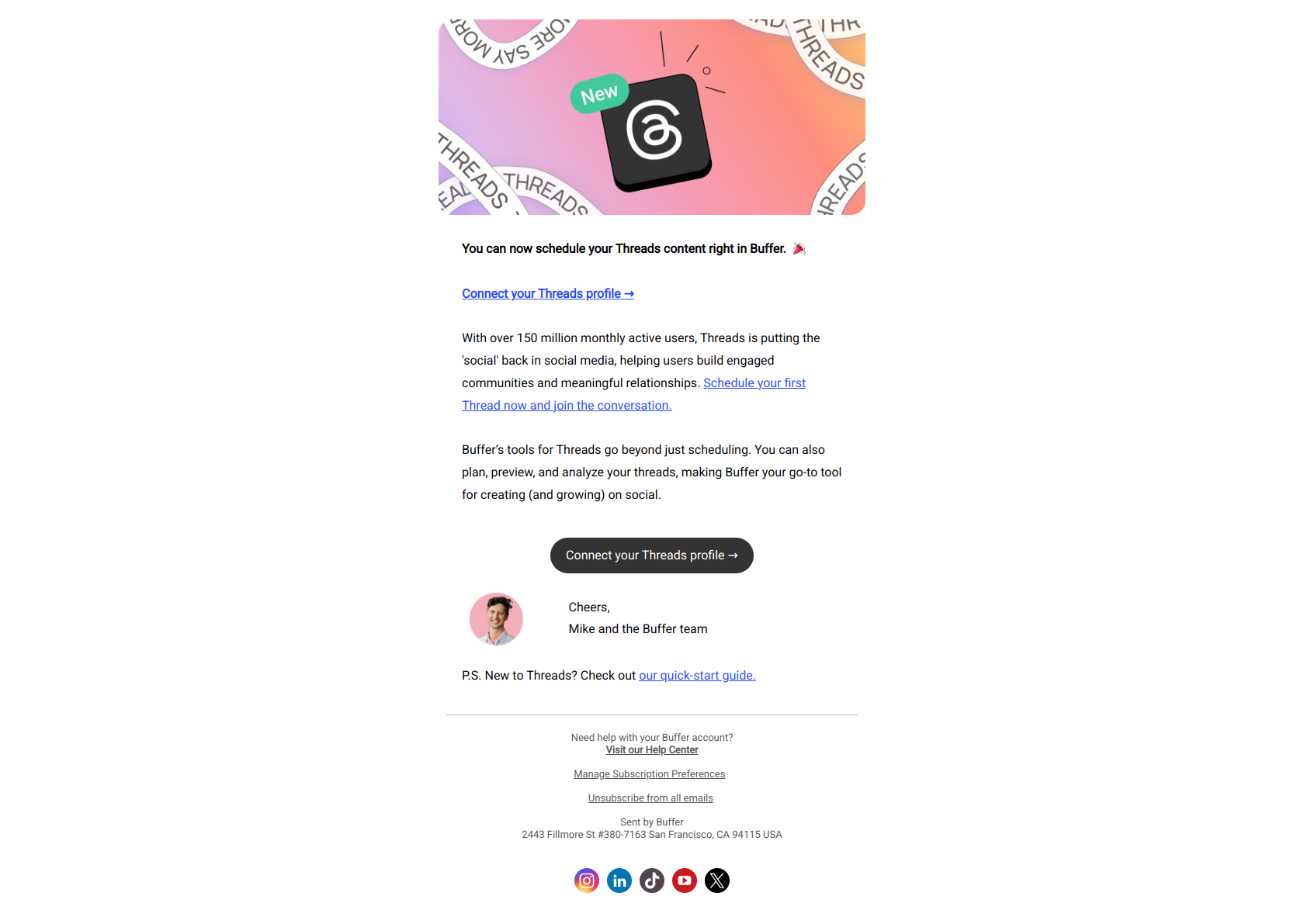 Threads scheduling has arrived 🧵 — email screenshot from Buffer