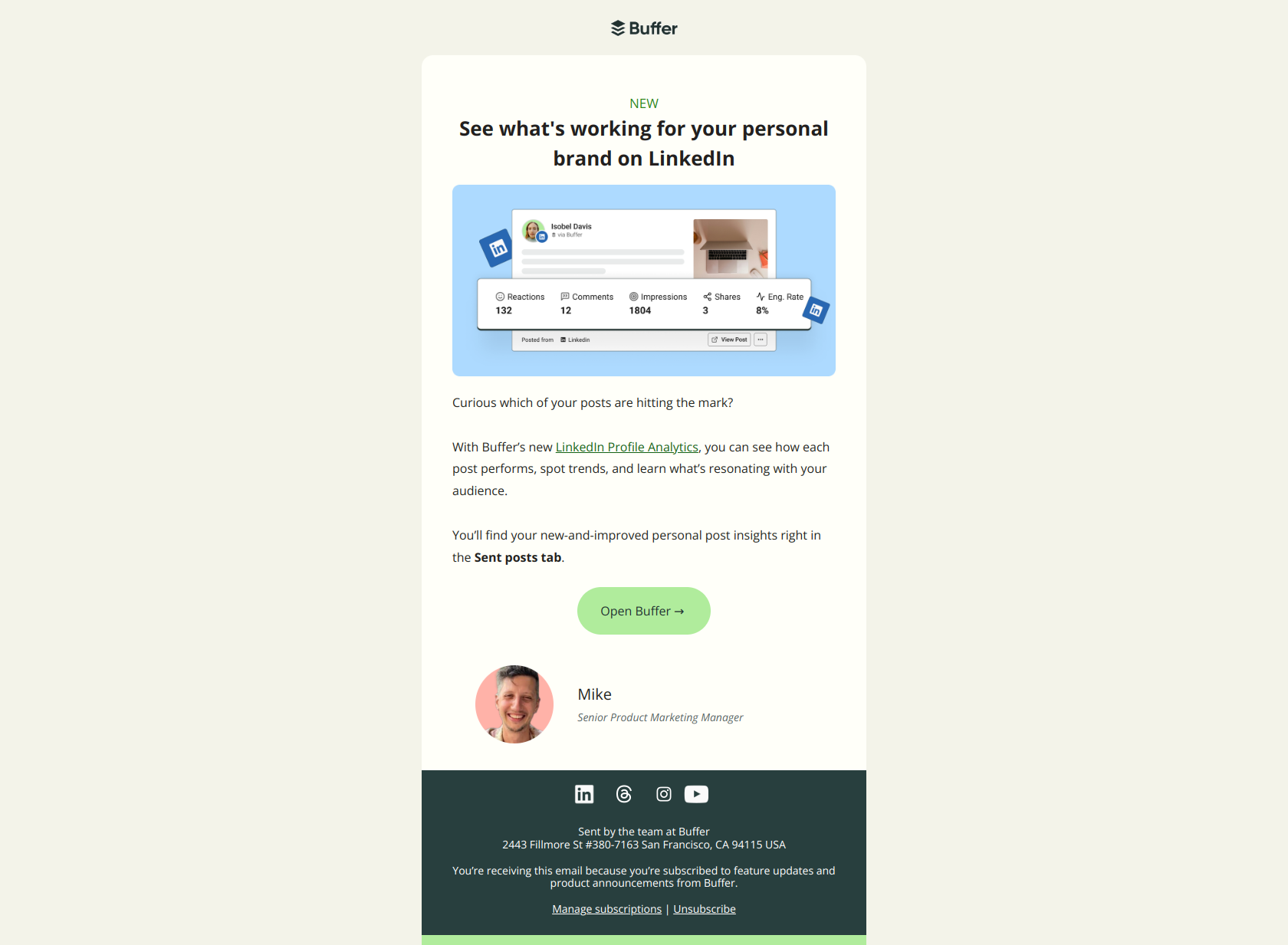 📊 LinkedIn Analytics just got personal — email screenshot from Buffer