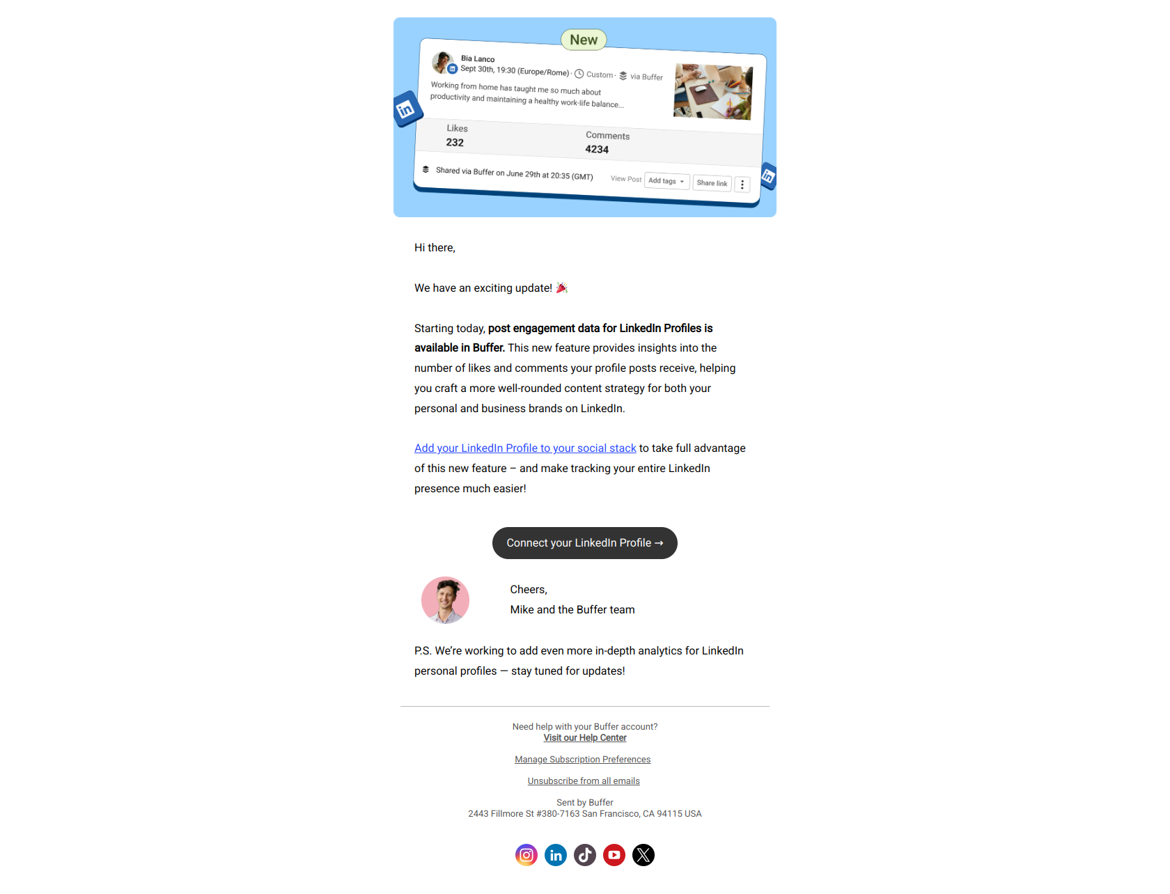 NEW: Post engagement data for LinkedIn Profiles is here! — email screenshot from Buffer
