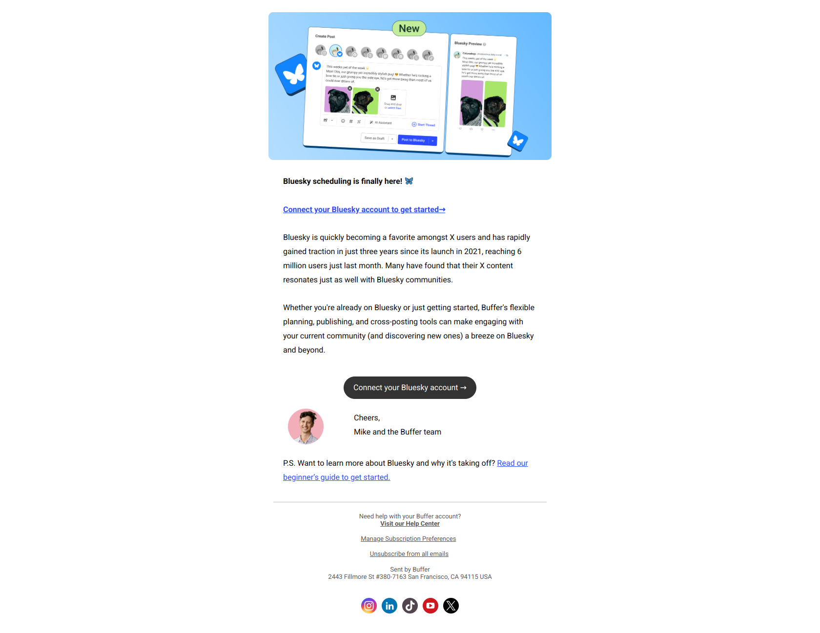 Bluesky has landed in Buffer 🦋 — email screenshot from Buffer