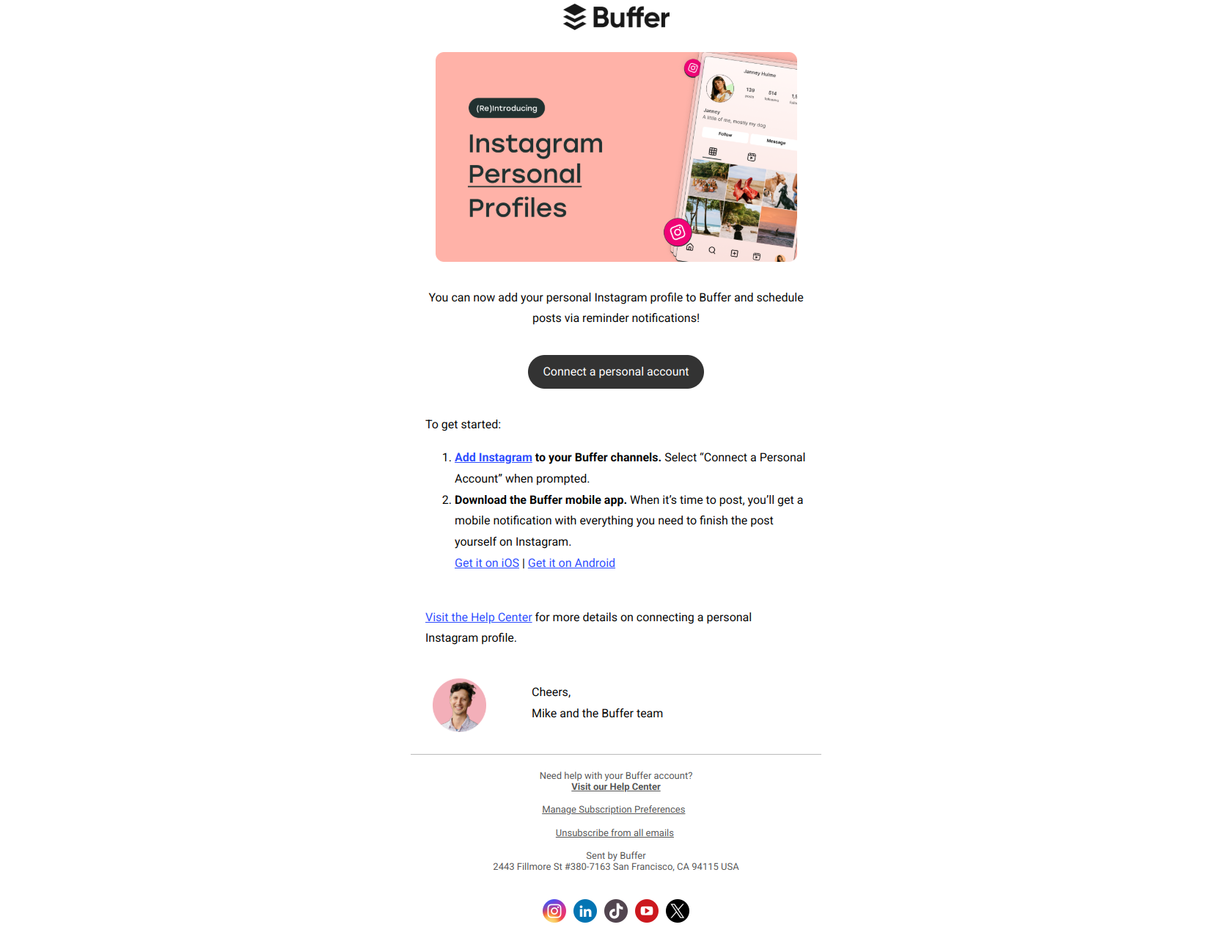 Instagram personal profiles are here ✨ — email screenshot from Buffer