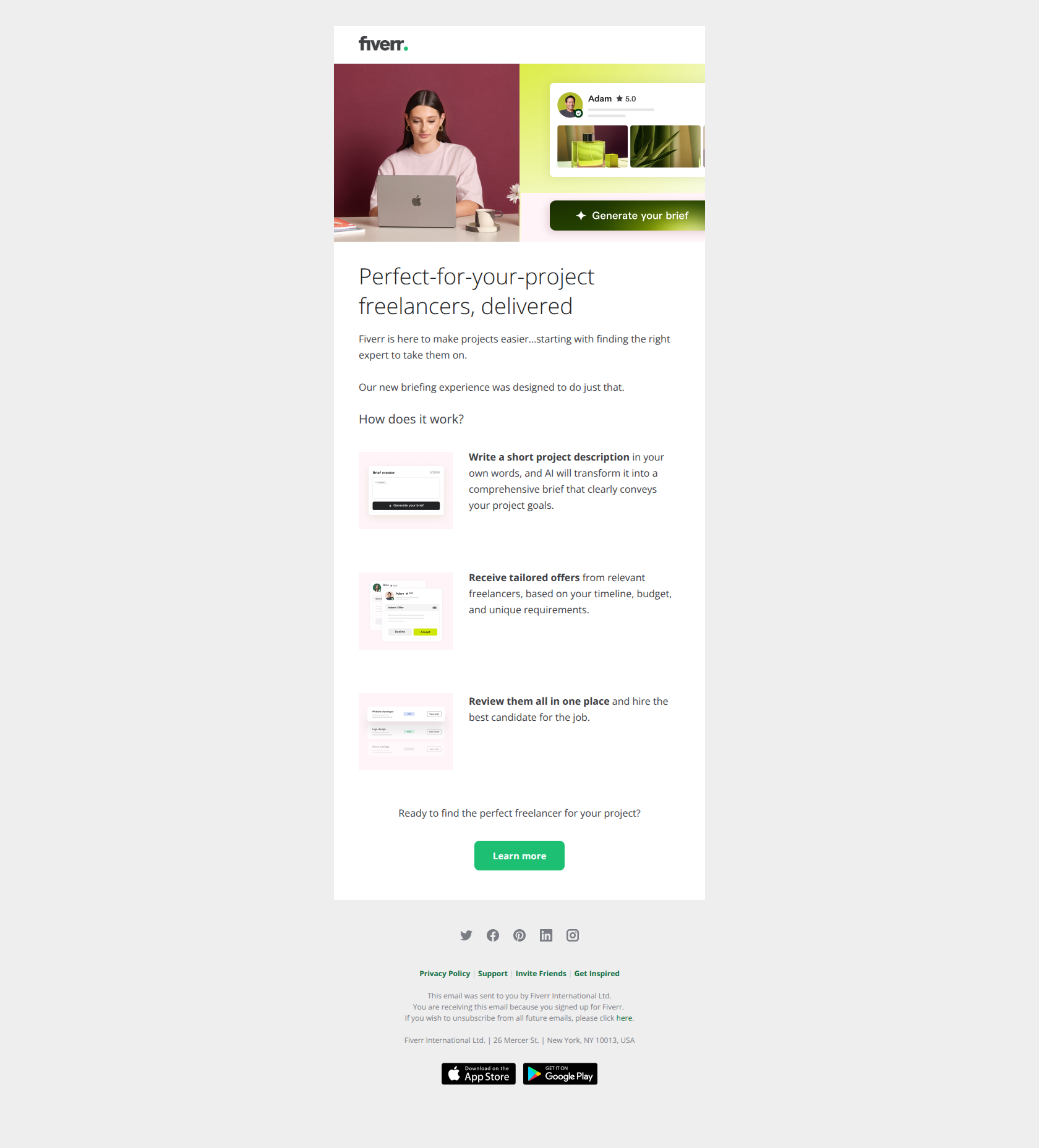 Introducing a faster route to the right freelancers — email screenshot from Fiverr