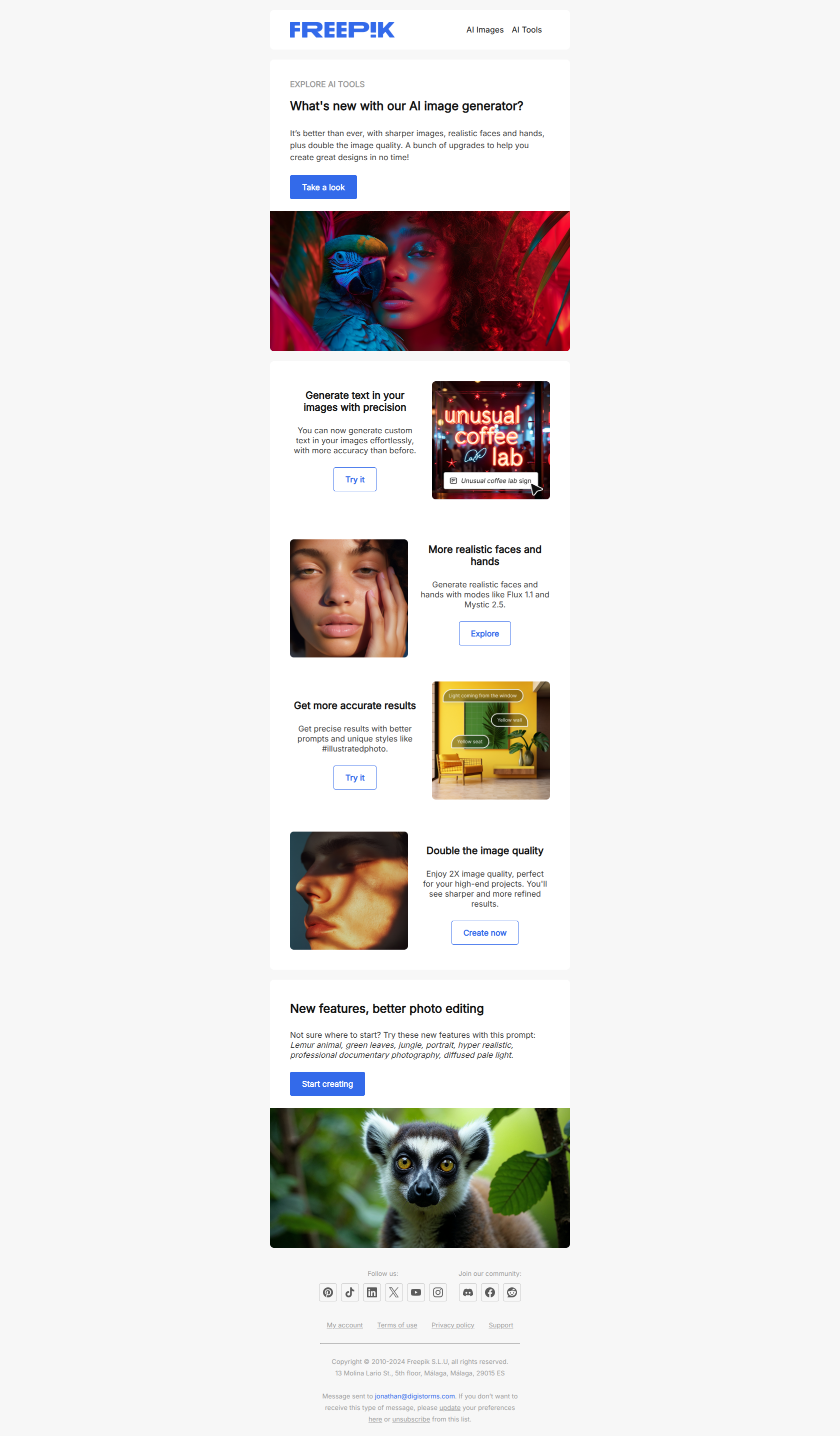 Start creating professional photos with Freepik AI image generator — email screenshot from Freepik