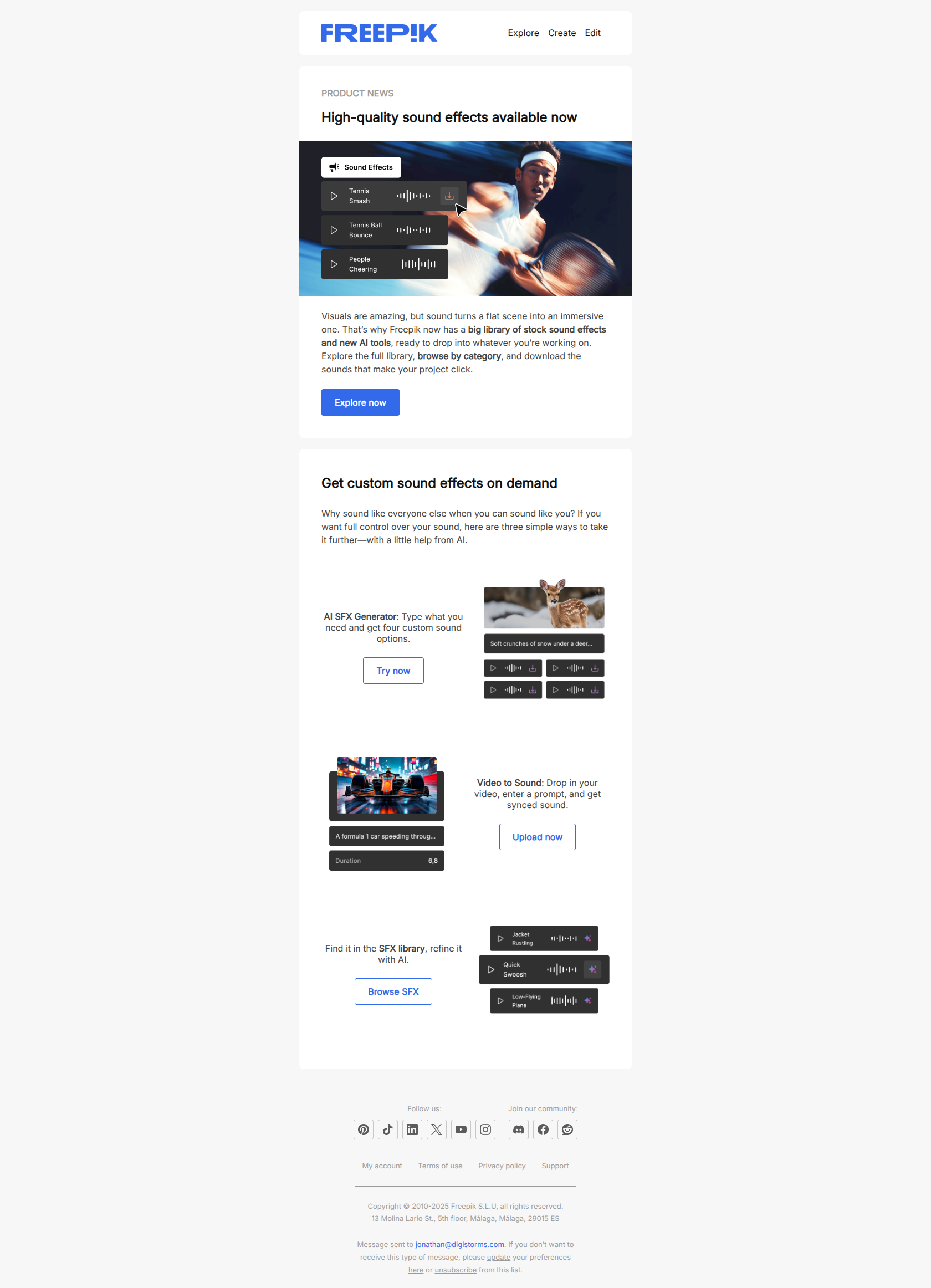 New: Sound effects are now on Freepik — email screenshot from Freepik