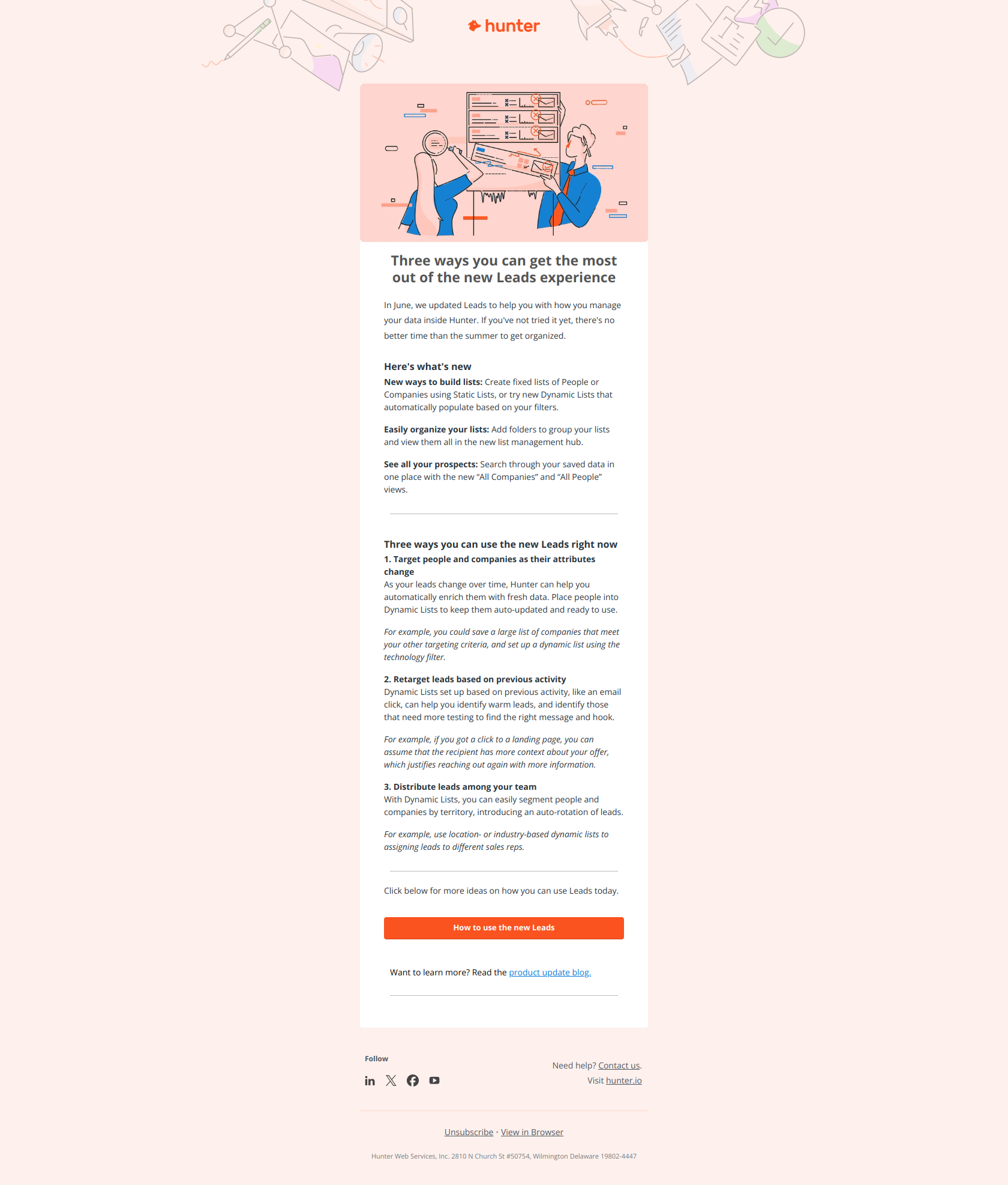 Have you built these three types of lists in Leads yet? — email screenshot from Hunter.io