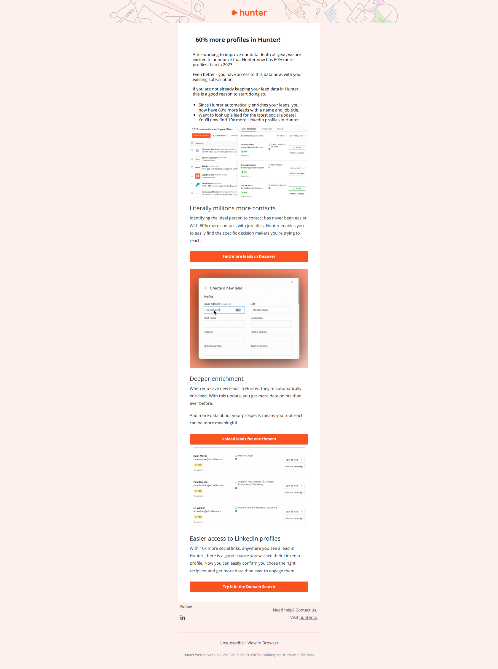 More email data than ever — email screenshot from Hunter.io