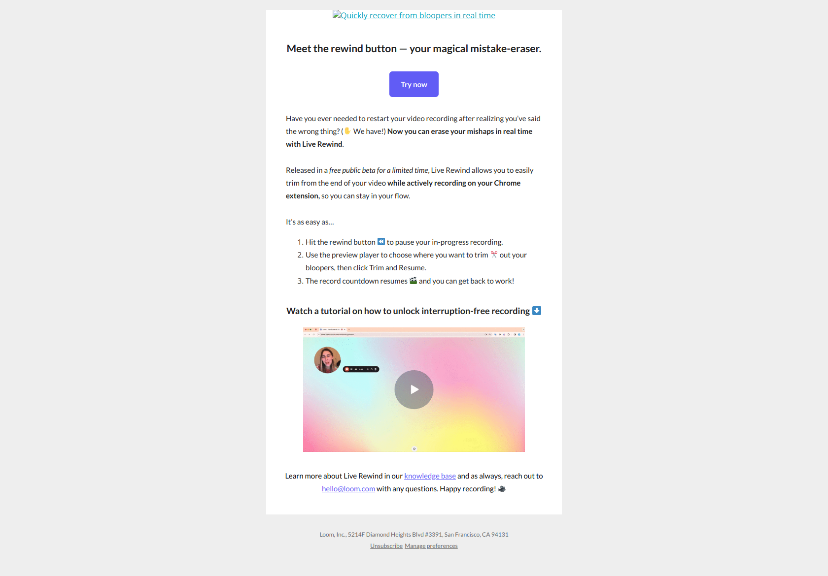 ⏪ Introducing Live Rewind: recover from recording mistakes in real-time, for free! — email screenshot from Loom