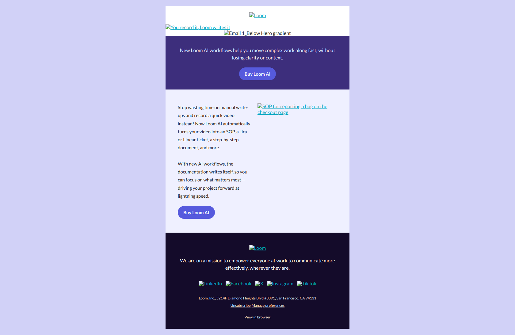 You record it, Loom now writes it. 🎥✨📝 — email screenshot from Loom