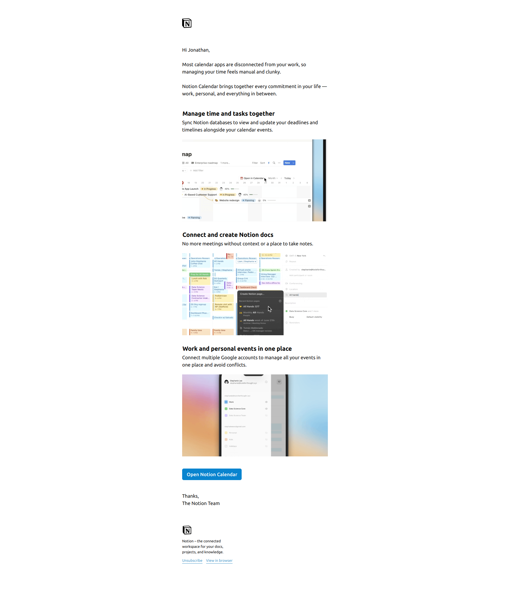 Welcome to Notion Calendar — email screenshot from Notion