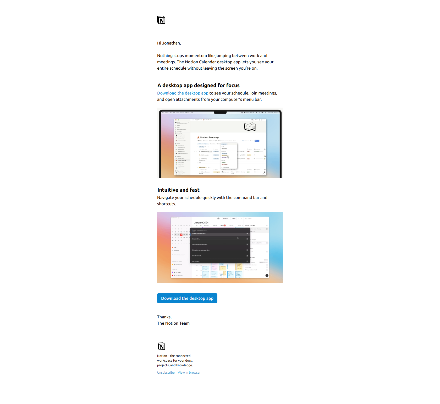 Notion Calendar is designed for focus — email screenshot from Notion