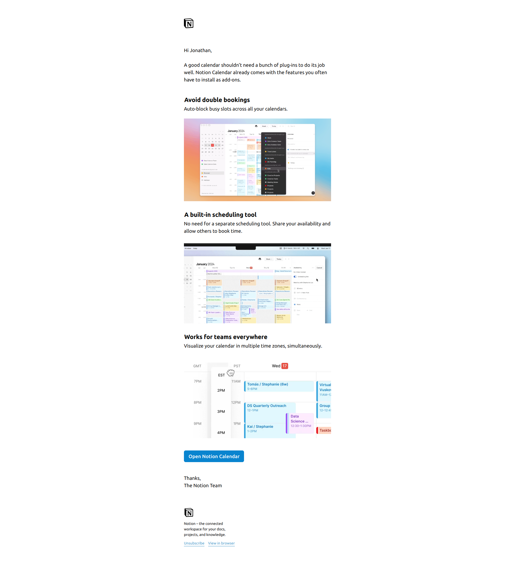 All-in-one calendar — email screenshot from Notion