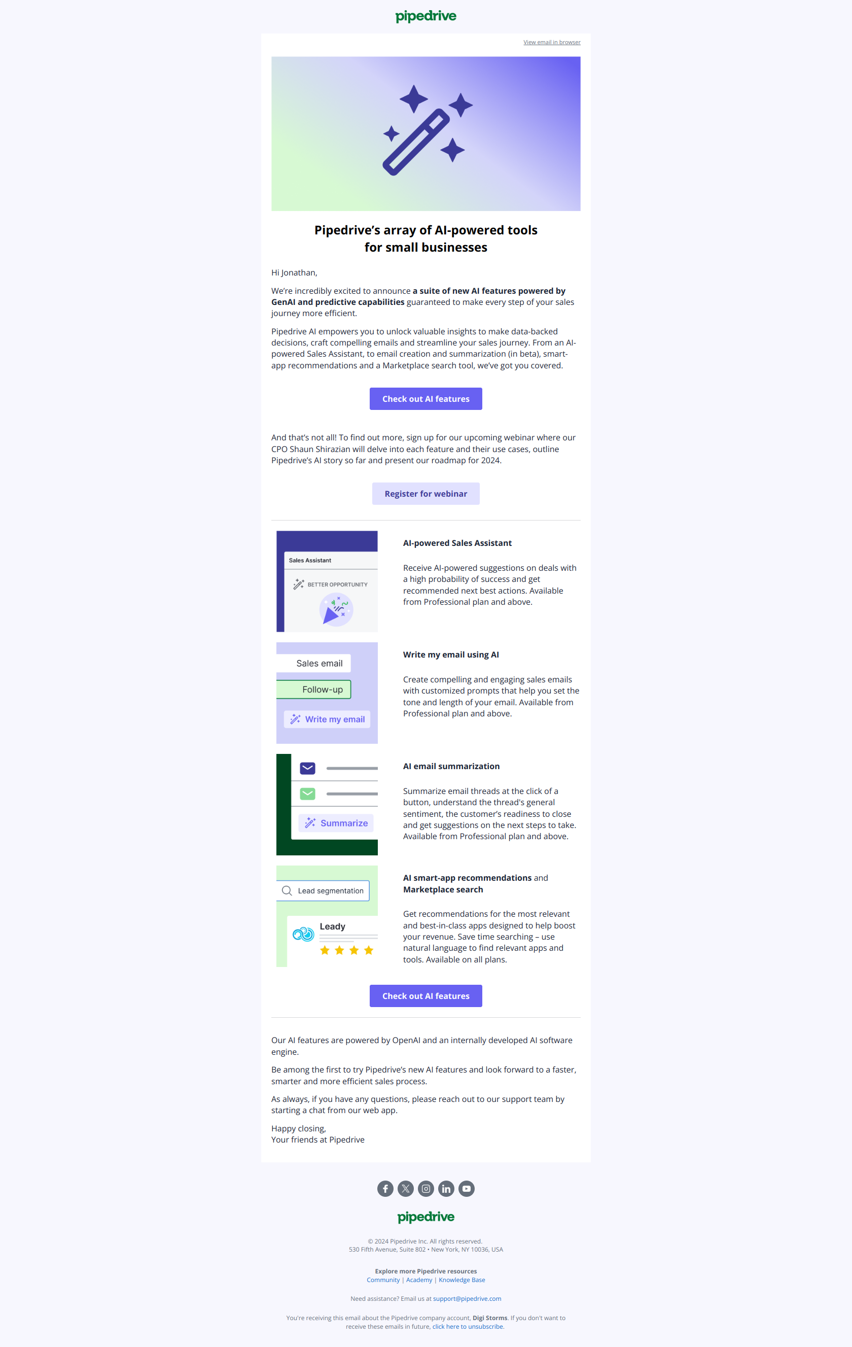 Pipedrive AI is here! — email screenshot from Pipedrive