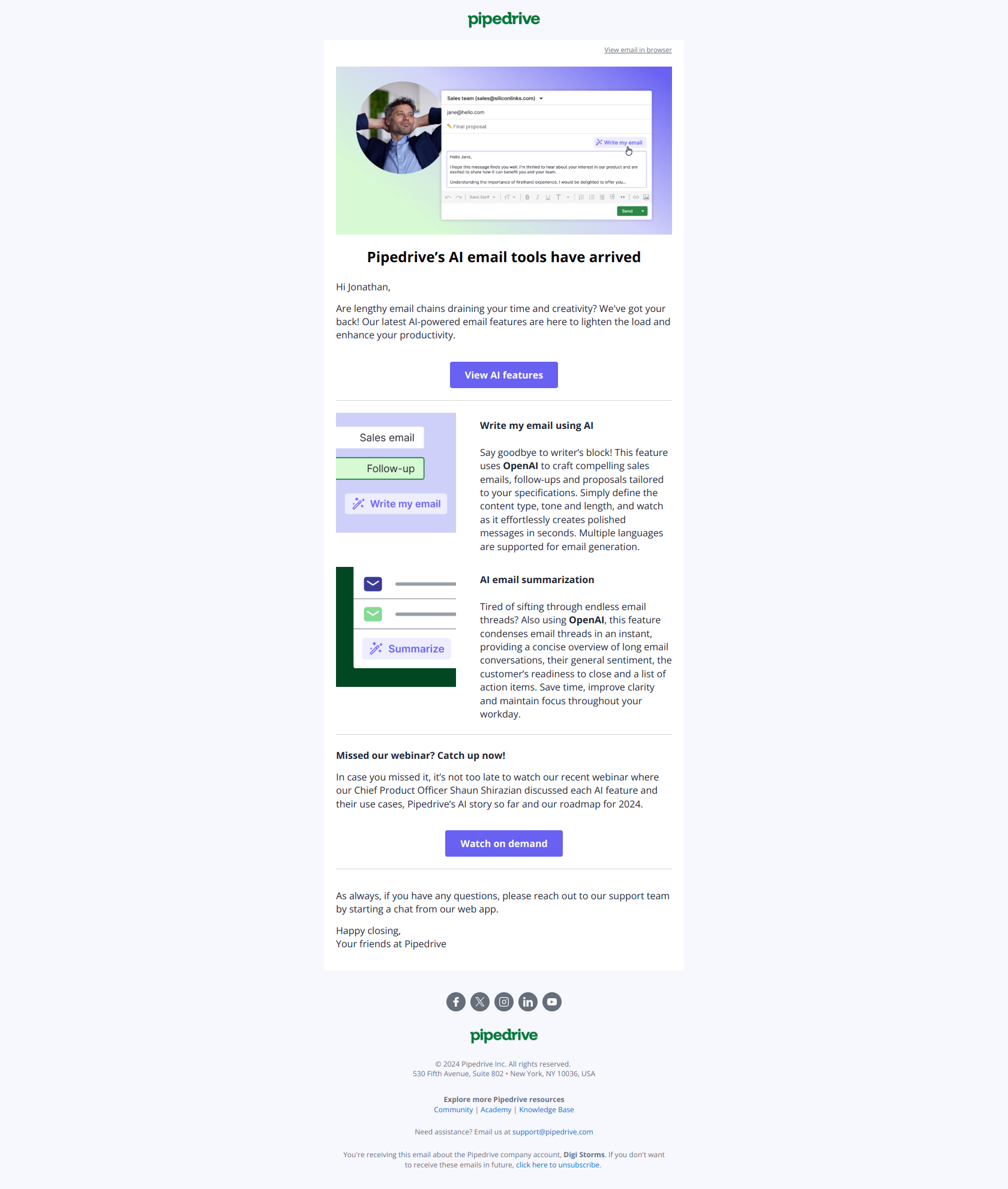Let our new AI feature write your emails — email screenshot from Pipedrive