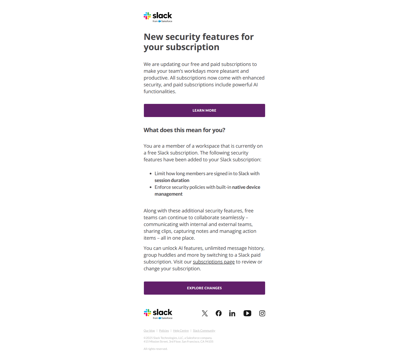 Product release email example from Slack