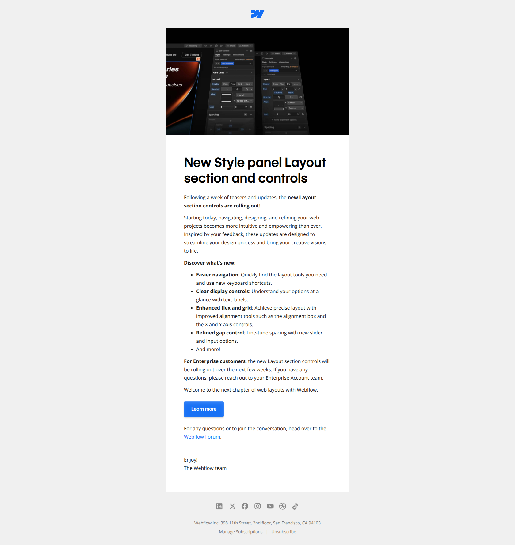 Product release email example from Webflow
