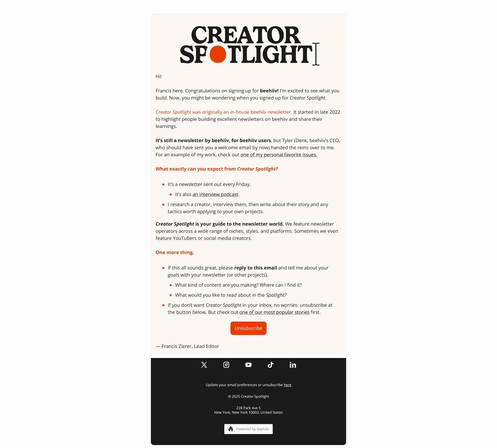 Welcome to Creator Spotlight 🐝 — email screenshot from Beehiiv