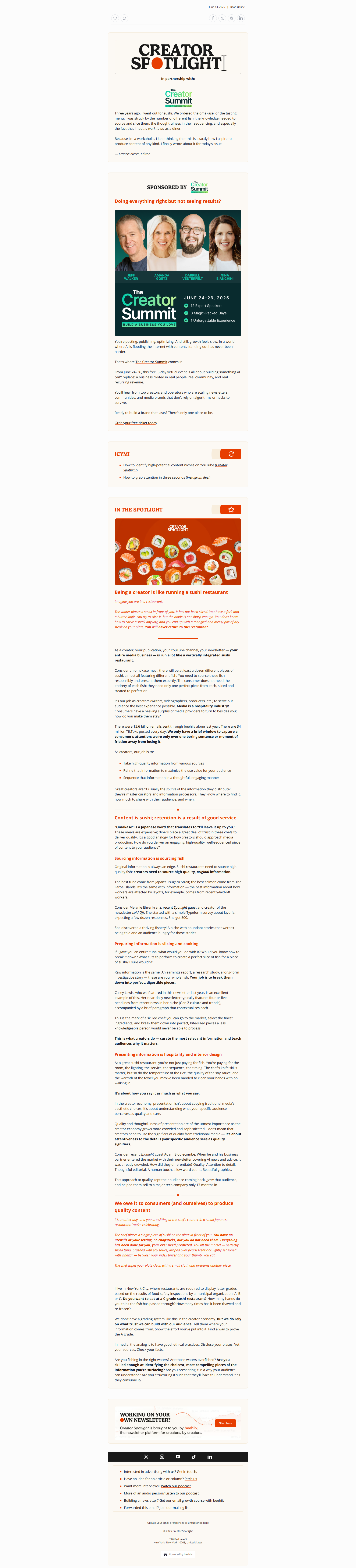 🔴 Content = sushi — email screenshot from Beehiiv