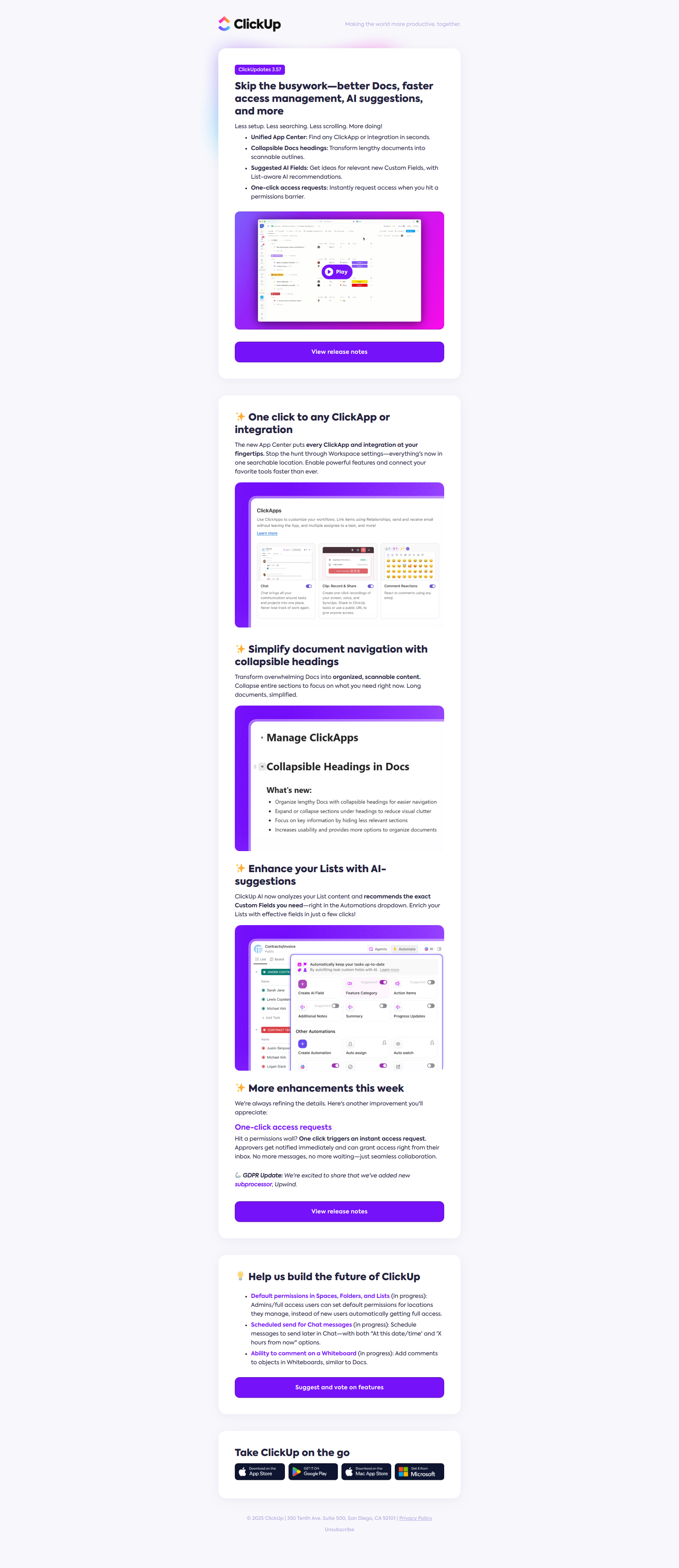 What's new in ClickUp: Smarter Docs, AI suggestions, faster access! — email screenshot from Clickup