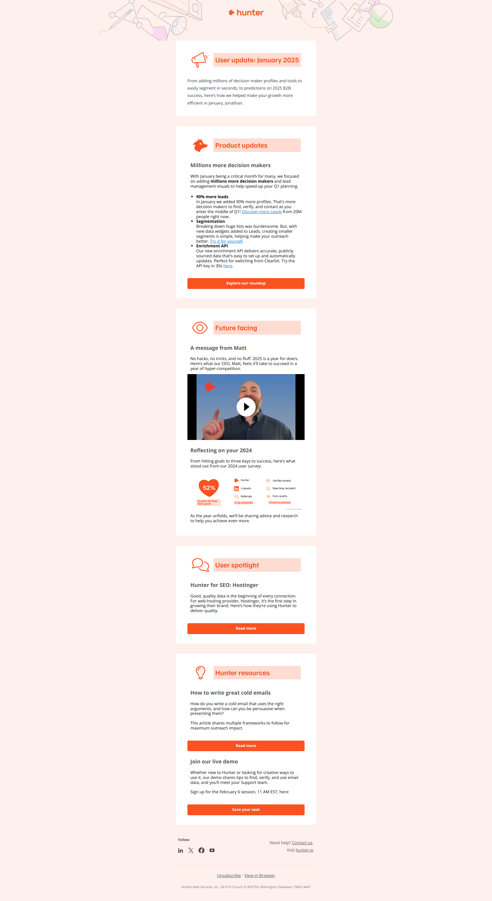 B2B lead nurturing email example from Hunter.io
