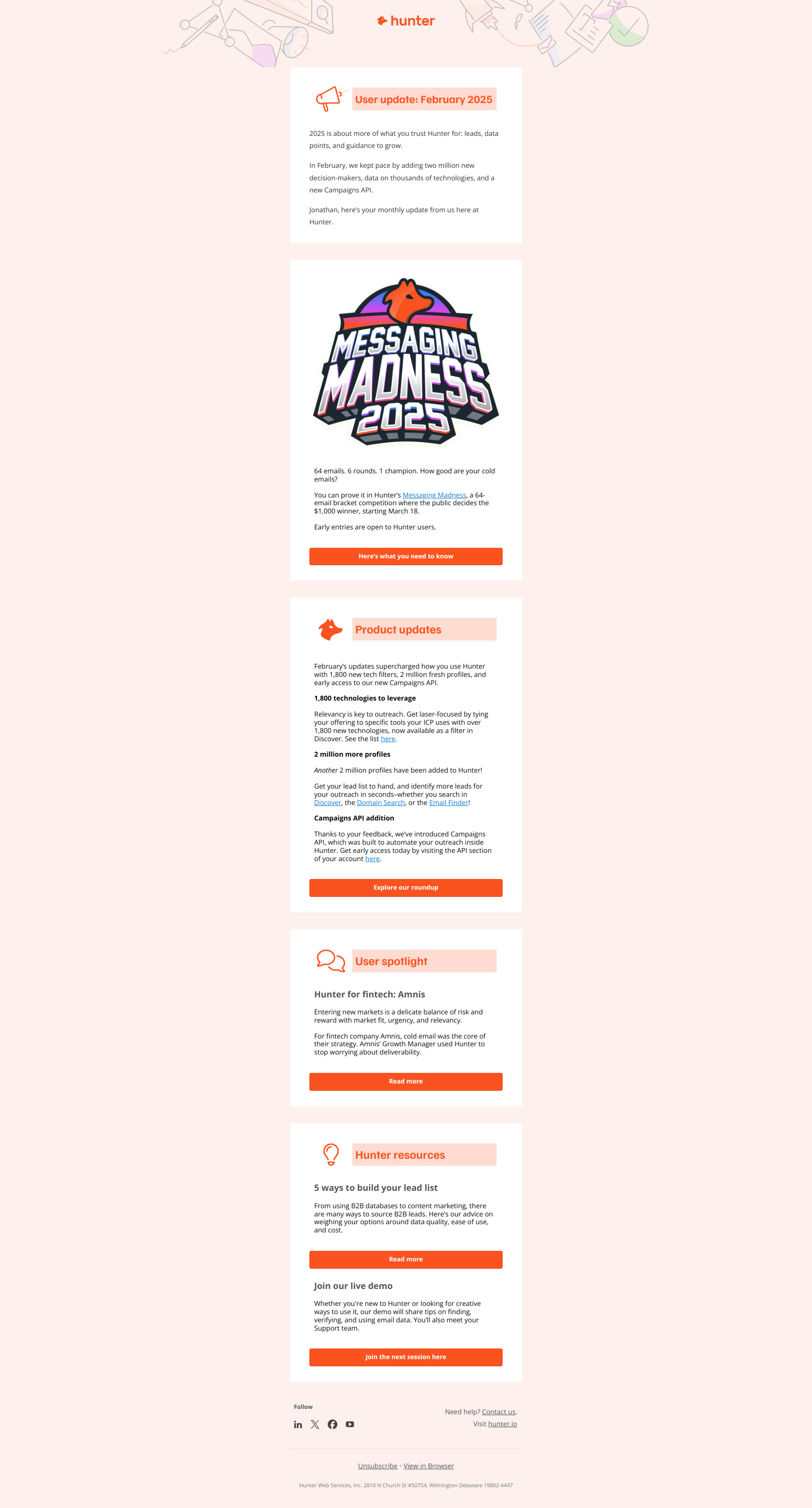 February 2025 update: Messaging Madness! — email screenshot from Hunter.io