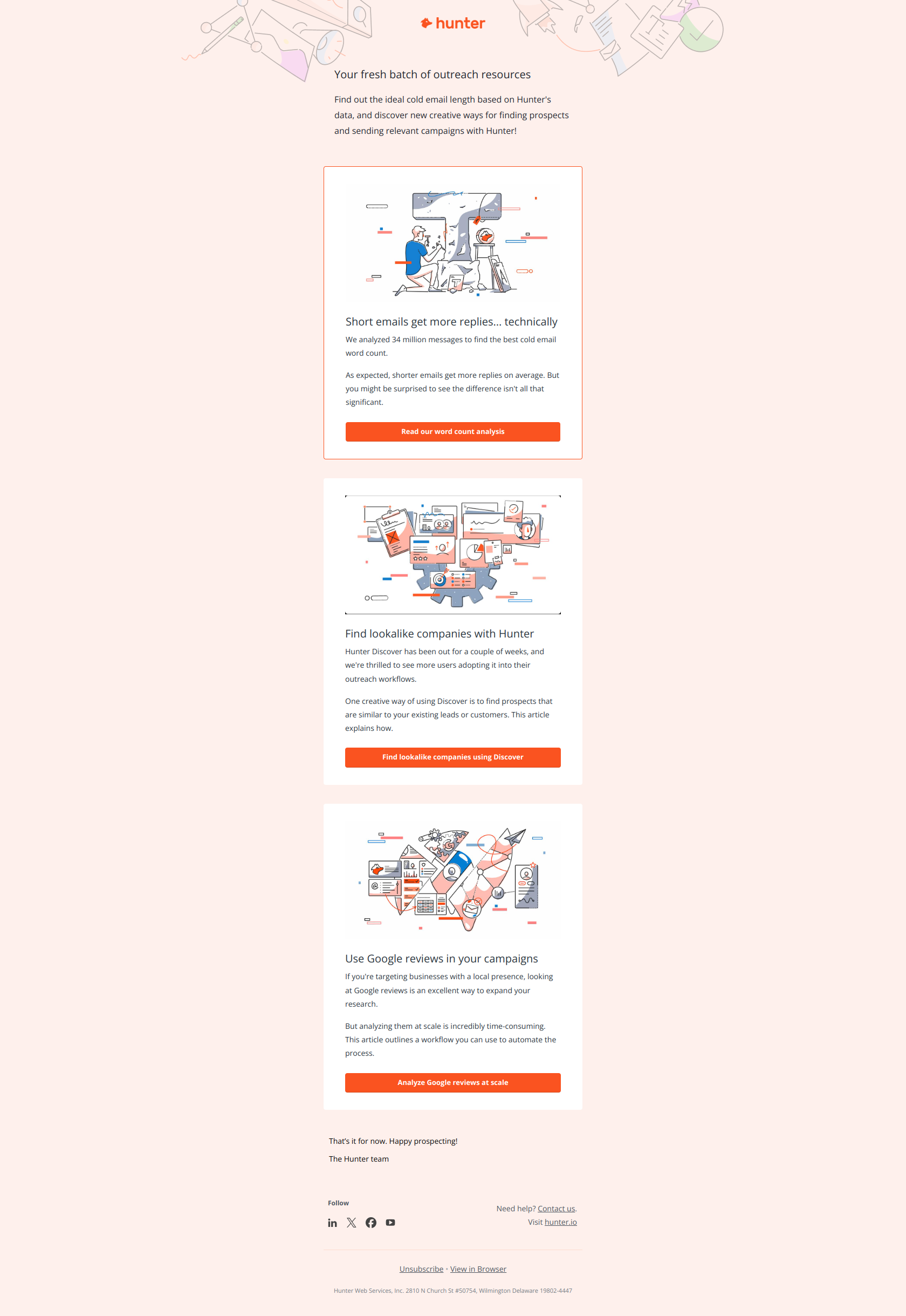Shorter emails get more replies — email screenshot from Hunter.io