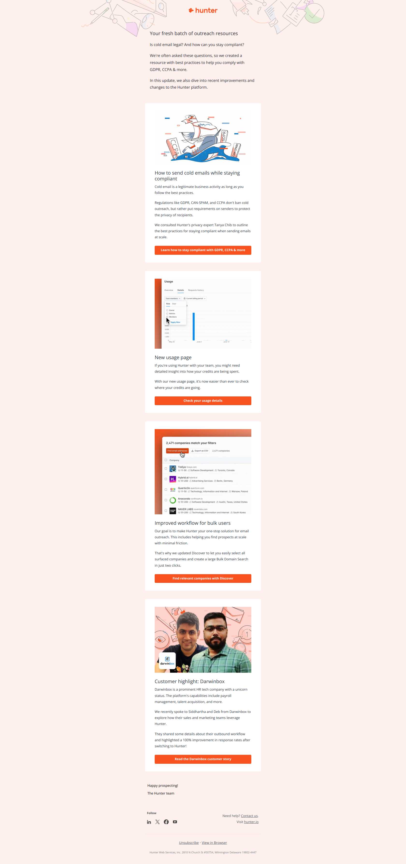 Email outreach vs GDPR — email screenshot from Hunter.io