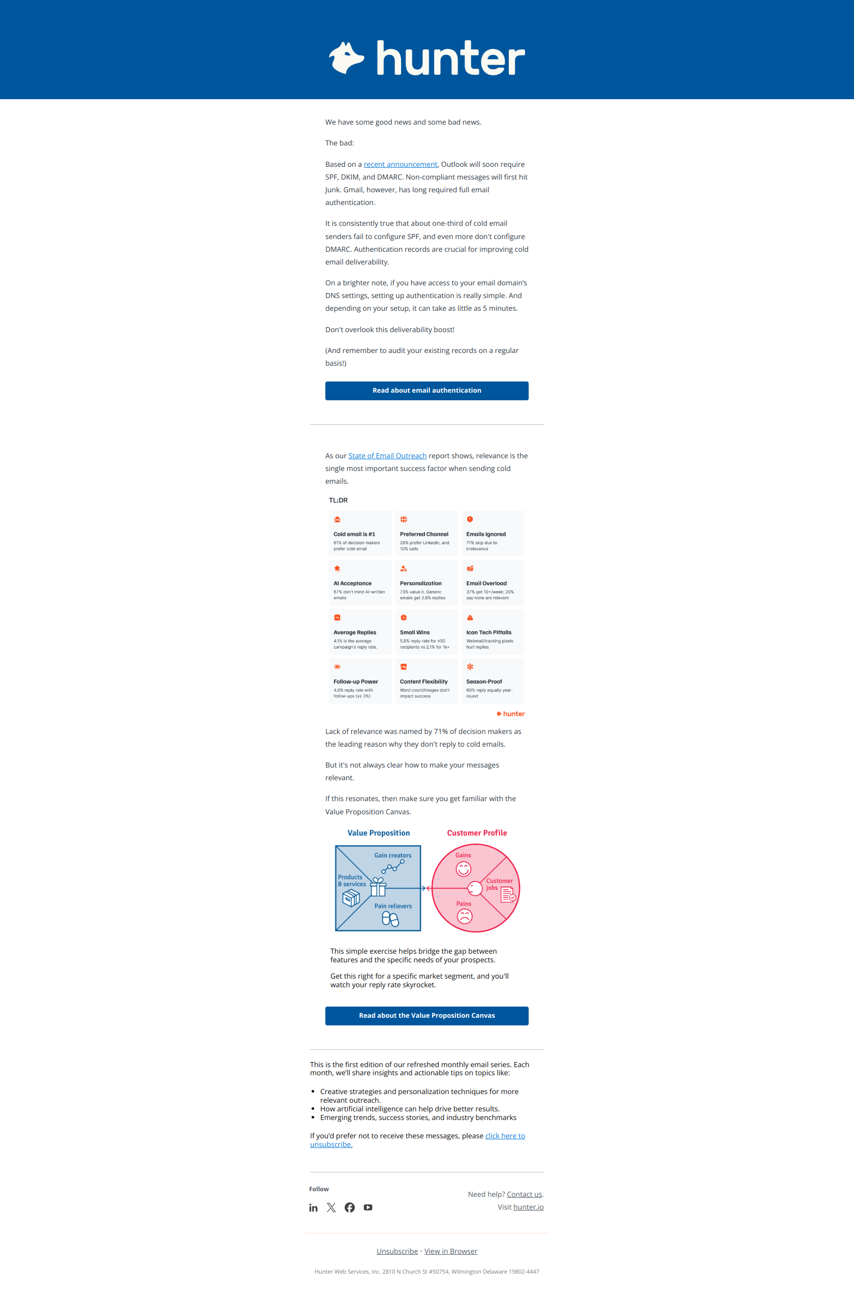 Another reason to implement SPF/DKIM/DMARC — email screenshot from Hunter.io