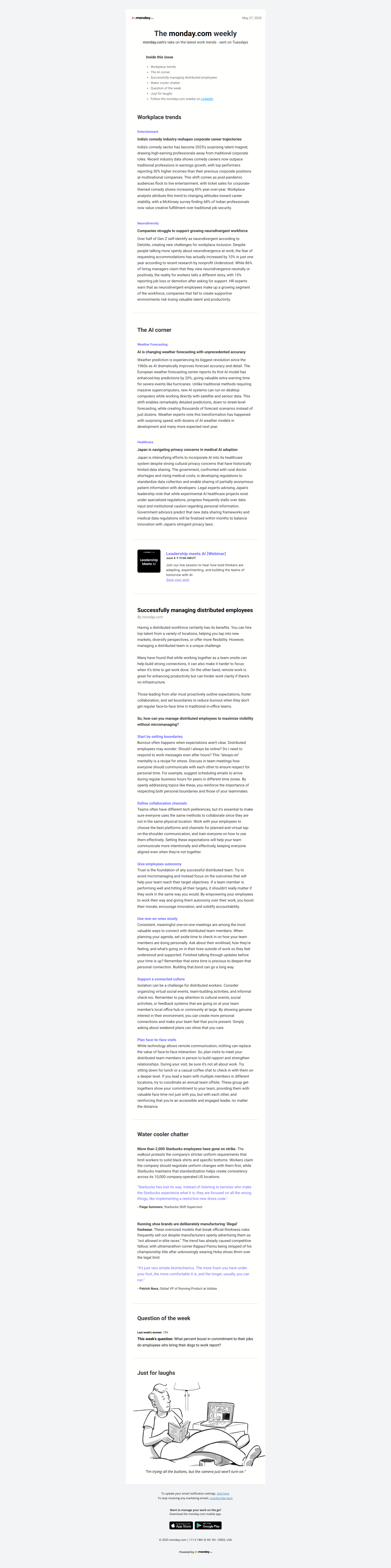 Successfully managing distributed employees — email screenshot from Monday