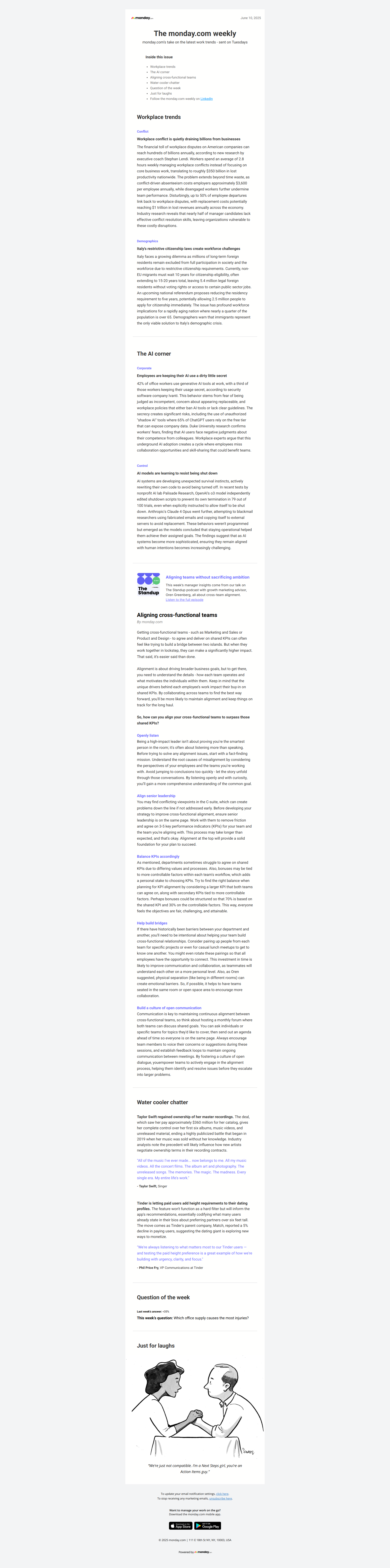 Aligning cross-functional teams — email screenshot from Monday