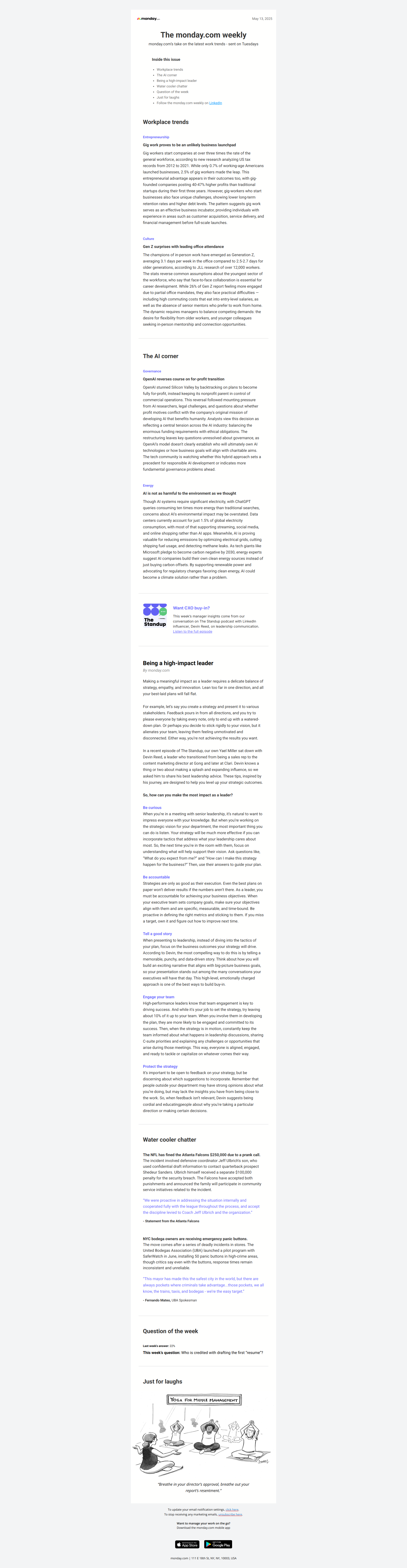 Being a high-impact leader — email screenshot from Monday
