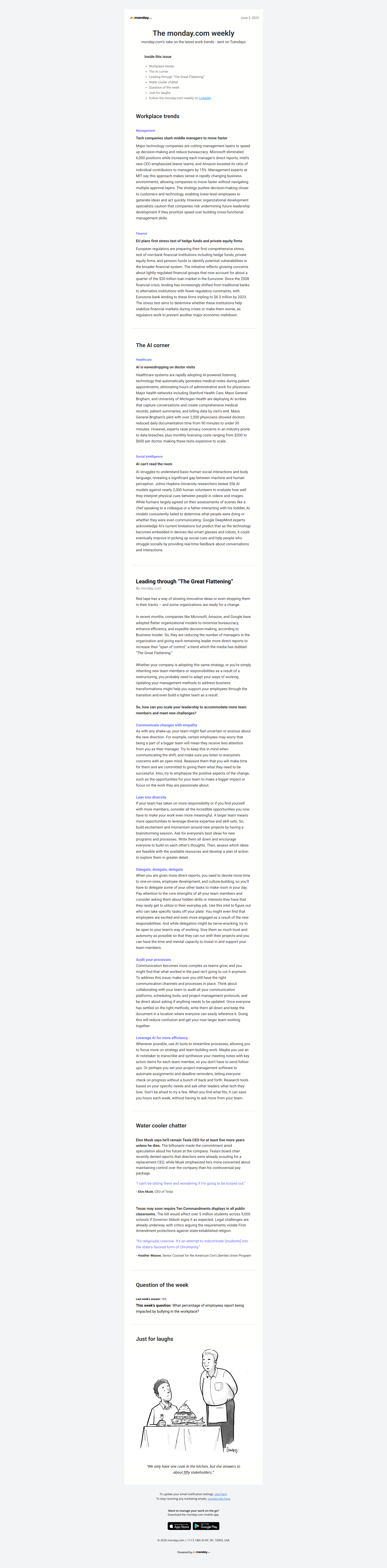 Leading through “The Great Flattening” — email screenshot from Monday