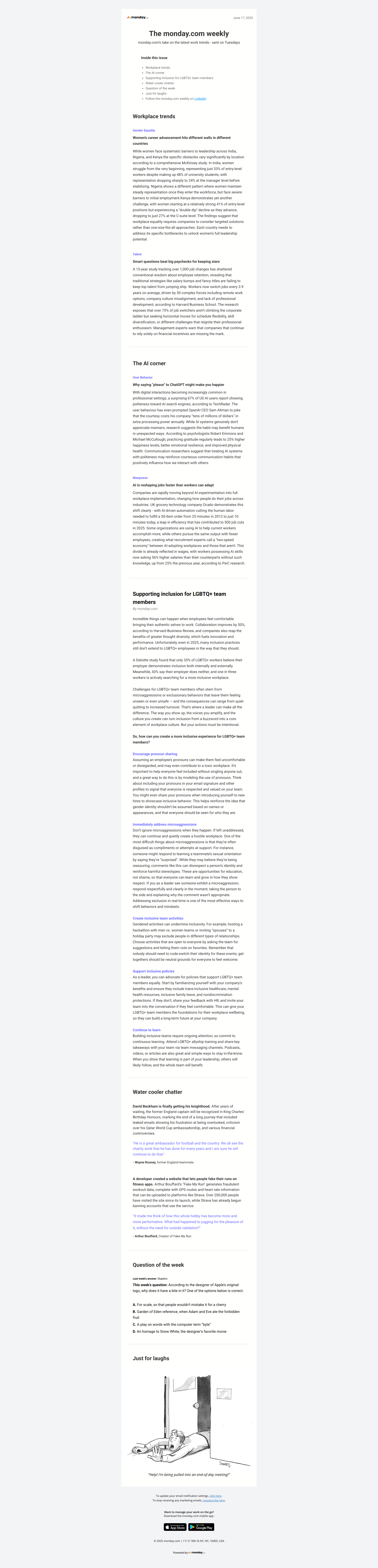 Supporting inclusion for LGBTQ+ team members — email screenshot from Monday