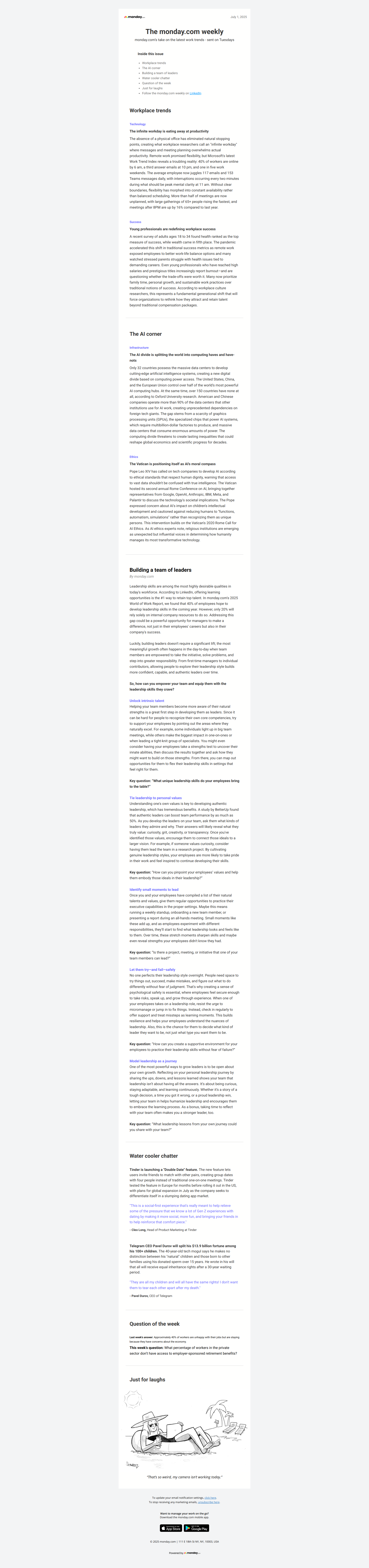 Building a team of leaders — email screenshot from Monday